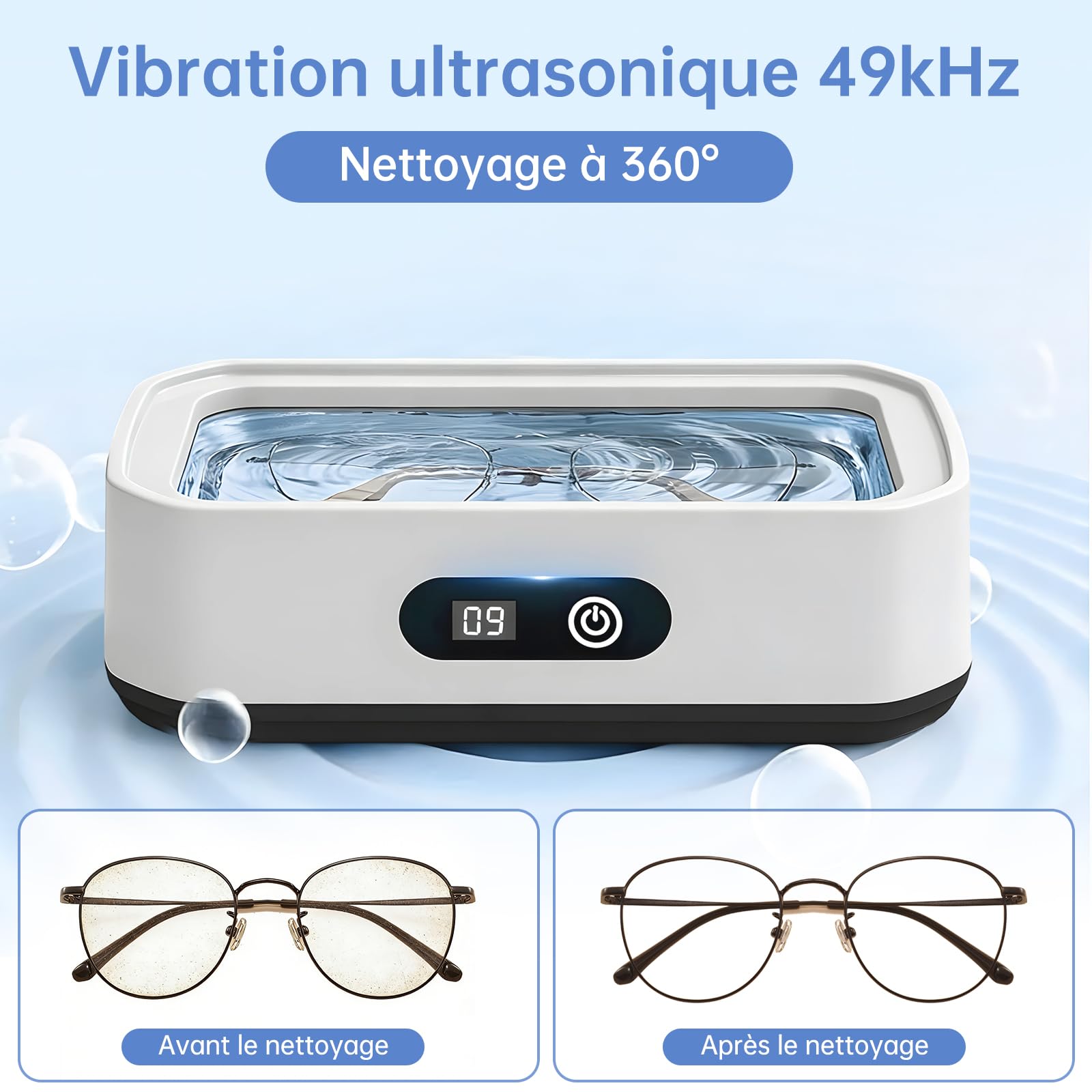 Nettoyeur à Ultrasons 49 kHz, Capacité 650 ml, Nettoyage à 360°, Appareil de Nettoyage pour Lunettes, Bijoux et Pinceaux de Maquillage