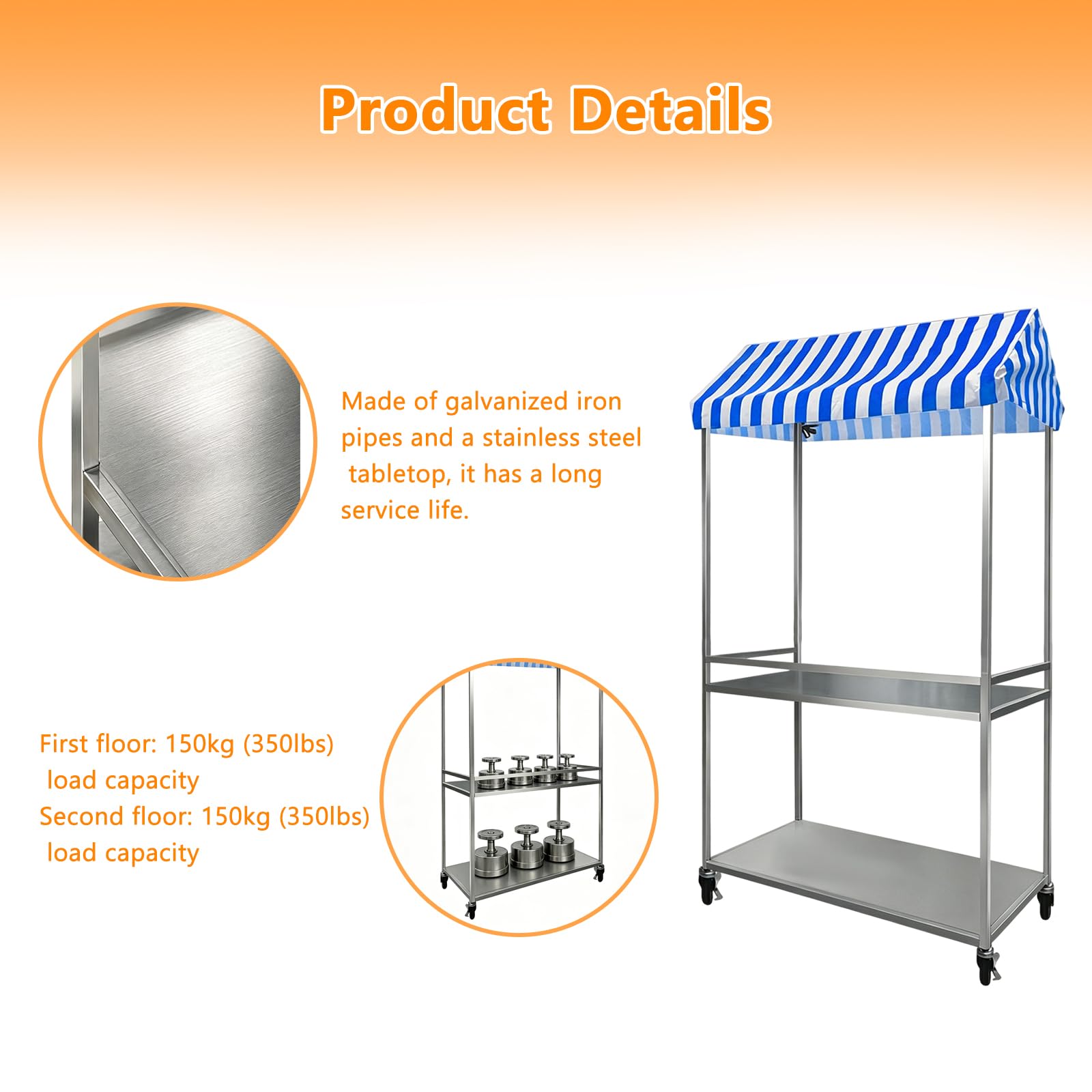 Carrito Plegable móvil para vendedores ambulantes Carrito portátil de Dos Niveles con Ruedas con Freno para Puestos callejeros, mercados agrícolas y ferias de artesanía(Color:Azul)