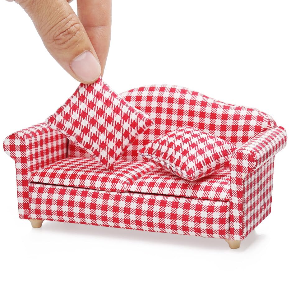 Odoria Dollhouse Couch Loveseat Miniature - 1/12 Scale Upholstered Sofa for Rustic Country Living Room - Mini Settee Chaise Lounge Wood Furniture Plaid Red — image 1