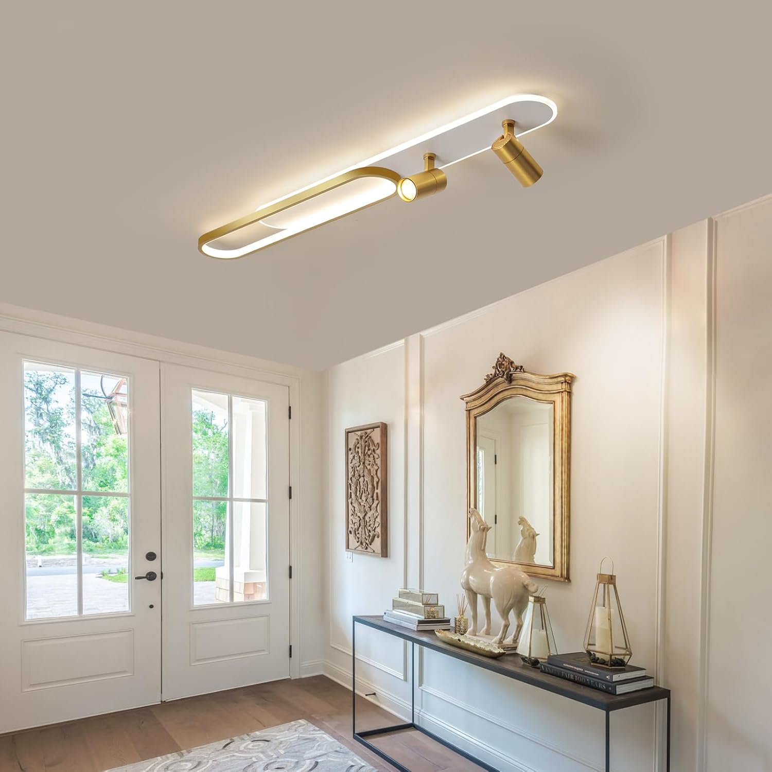 Modern LED Ceiling Light with 2 Spotlights 39.3in Linear Ceiling Light 50w with Remote Control Dimmable(3000-6000k) Gold Long Ceiling lamp for Bedroom Kitchen Restaurant Laundry Room Office