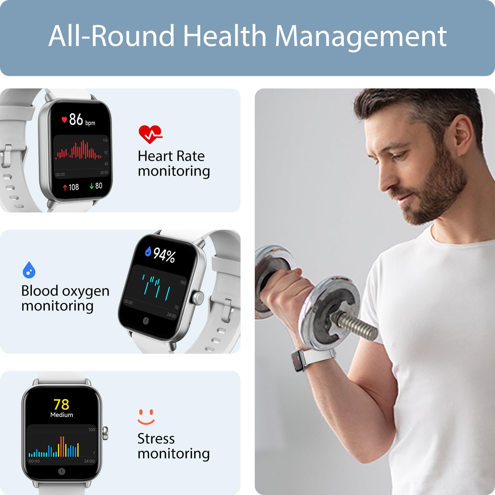 Gydom Smartwatch voor heren met telefoonfunctie, ronde