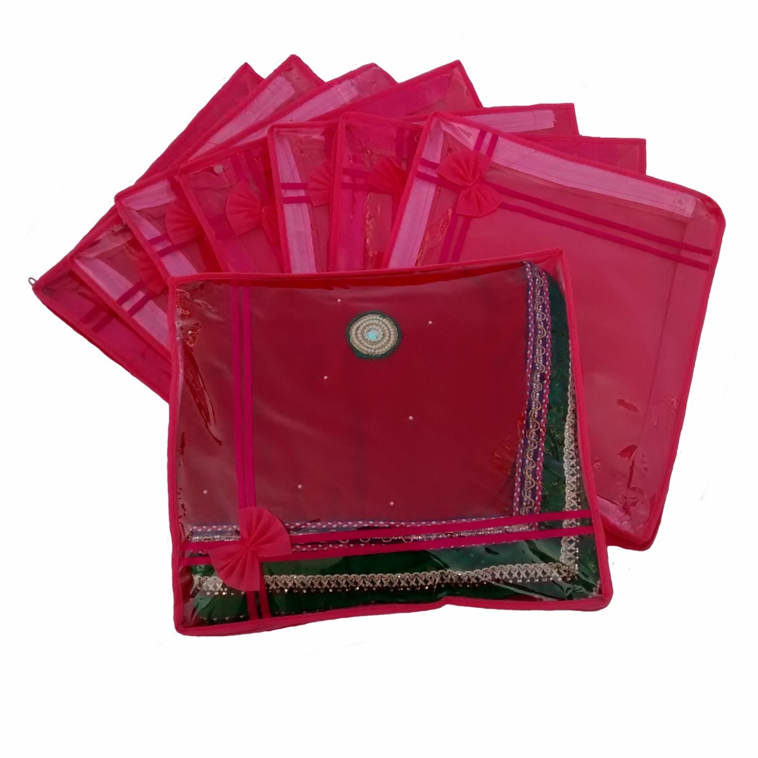 Indi Bargain Saree Cover Set in Non Woven Front Transparent Wardrobe Organiser, Luggage Clothes Bag - 2 Saree Capacity - Set of 8 (Pink)