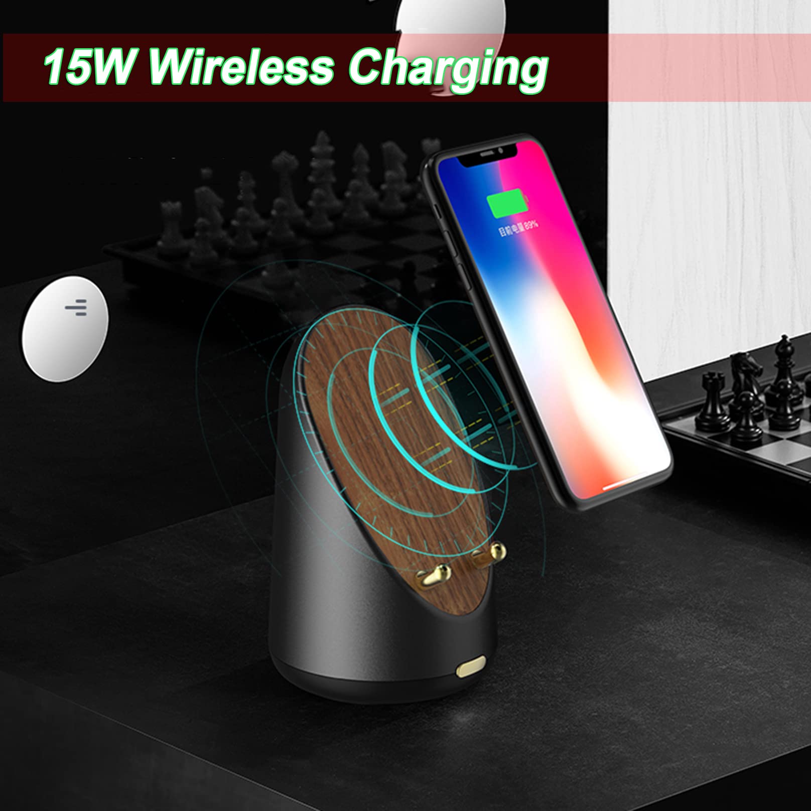 Stojak na telefon komórkowy na biurko uchwyt na smartfona z bezprzewodowym ładowaniem, głośnikiem Bluetooth i budzikiem, akcesoria biurowe do domu prezent na Halloween Boże Narodzenie