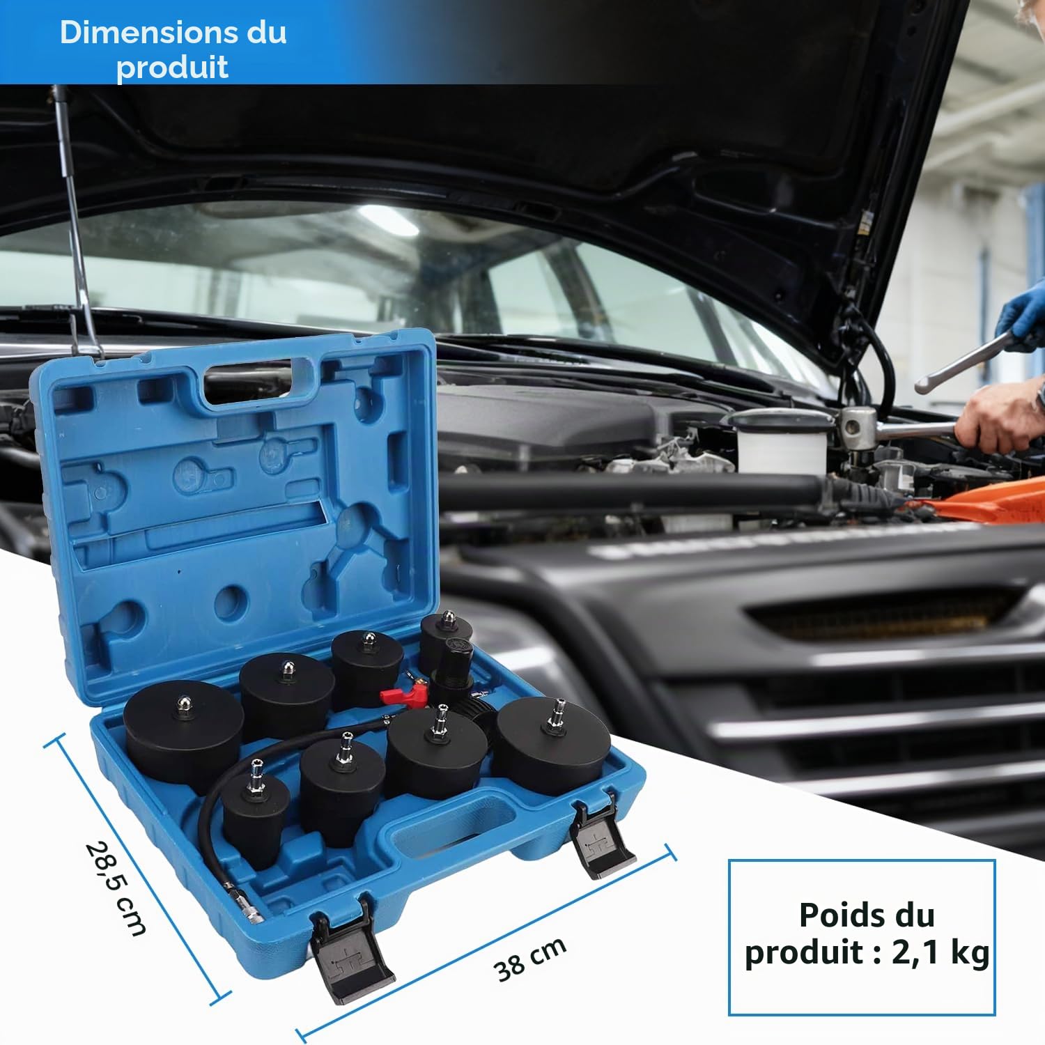 Testeur Fuite du Système Turbo, 9 Pièces Kit de Test de Fuite de Suralimentation, Test Fuite Boost du Système Refroidissement avec Testeur de Manomètre, Testeur de Pression 60 Bar à 80PSI