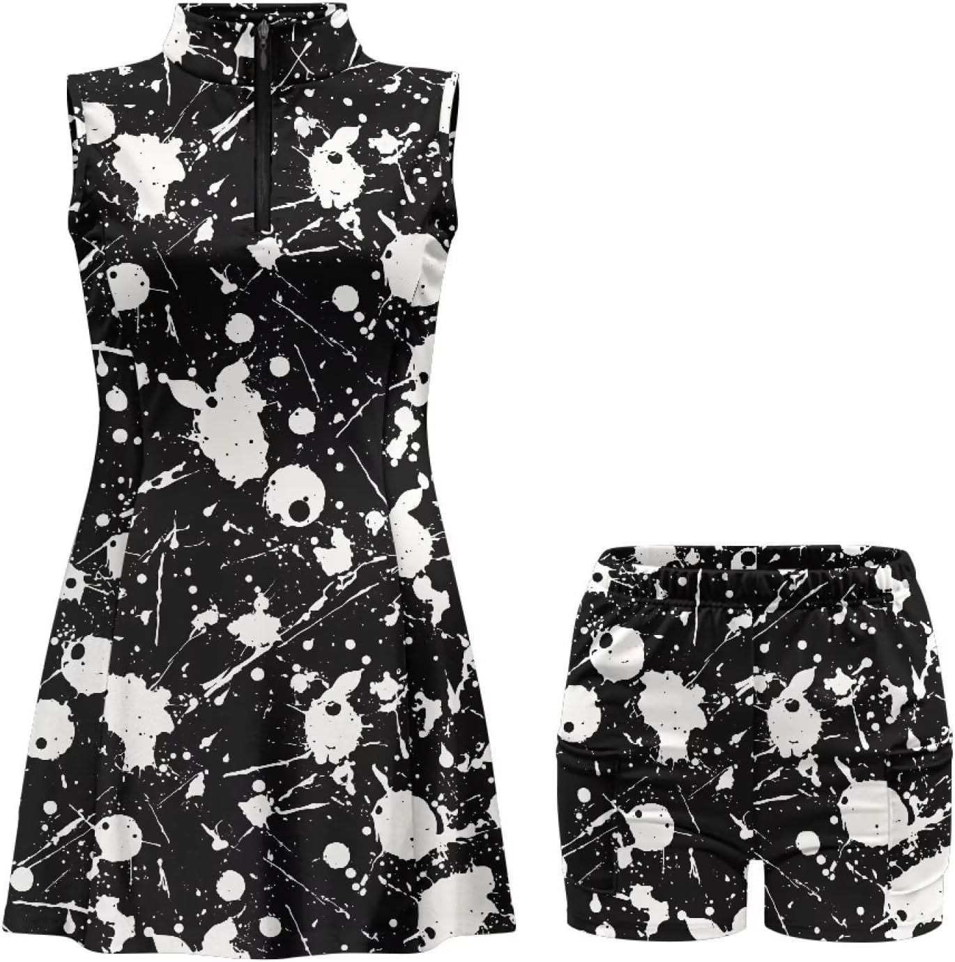 Womens Tennis Dress with Separate Shorts and Pockets Black Splash Zip Up Collared Golf Dress for Women Plus Size Gym Clothes XS-2XL