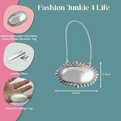 Miniatura 8 de Etiqueta del nombre del decantador de la botella de licor de vino ovalada grabable de plata esterlina