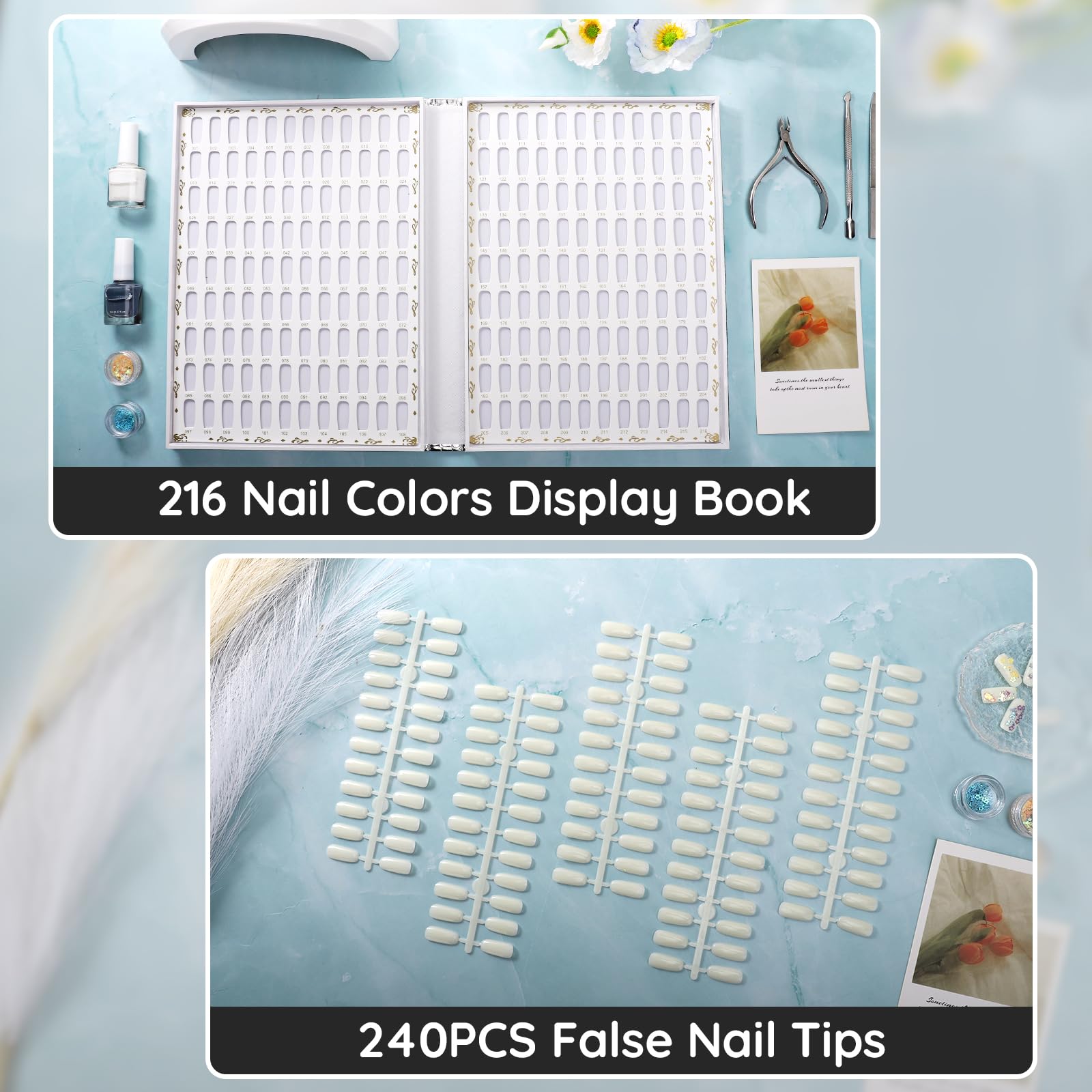 Segbeauty Espositore per Unghie, Libro per Unghie Espositore con 216 Slot per Punte per Unghie e 240 Unghie Finte, Nail Art Che Mostra Mensola, Accessori Unghie (Argentato)