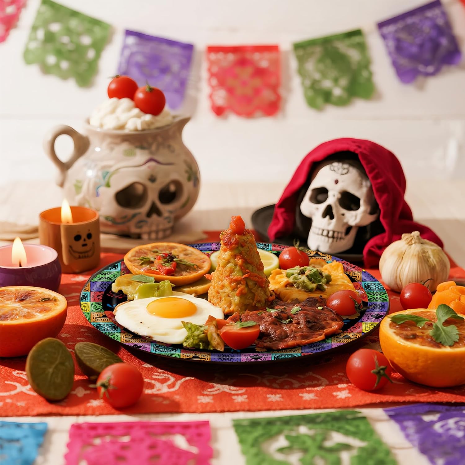 ZULYSTO 100 Pack Day of the Dead Party Supplies Paper Plates (50×7" + 50×9")-Disposable Plates for Halloween Party, Skull Dinner Dessert Plates, Plate Set for Holiday Skeleton Day Muerto Decor