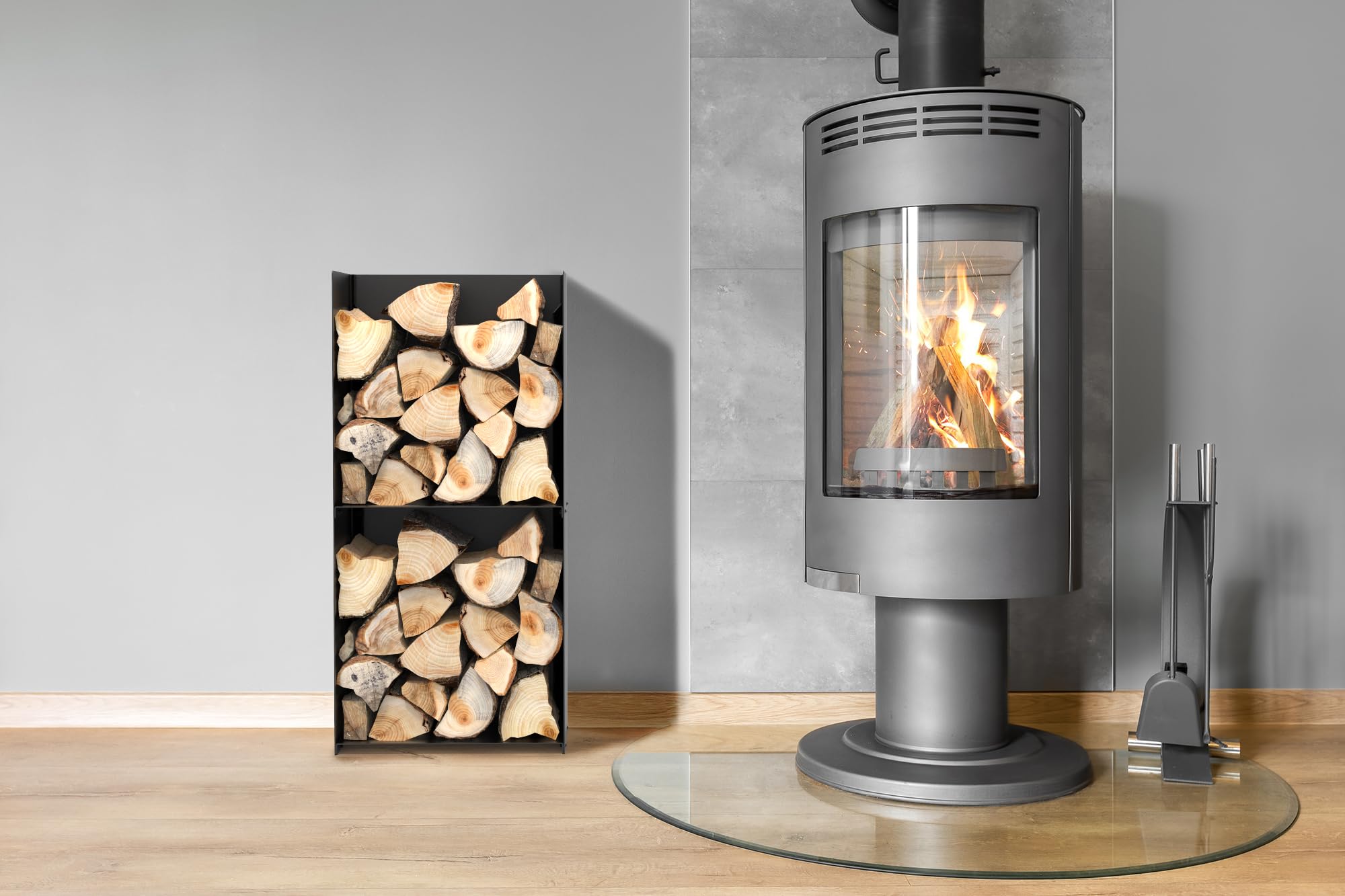 teileplus24 BHS9 Kaminholzregal Innen Außen | Brennholzregal Metall | Kaminholzkorb | Industrial Look, Modell:Schwarz