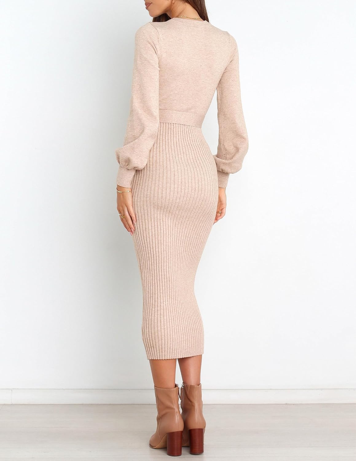 HAEOF Womens 2026 Puff Long Sleeve Fall Winter Sweater Dress Trendy Ribbed Knit V Neck Business Work Midi Bodycon Dresses - Image 3