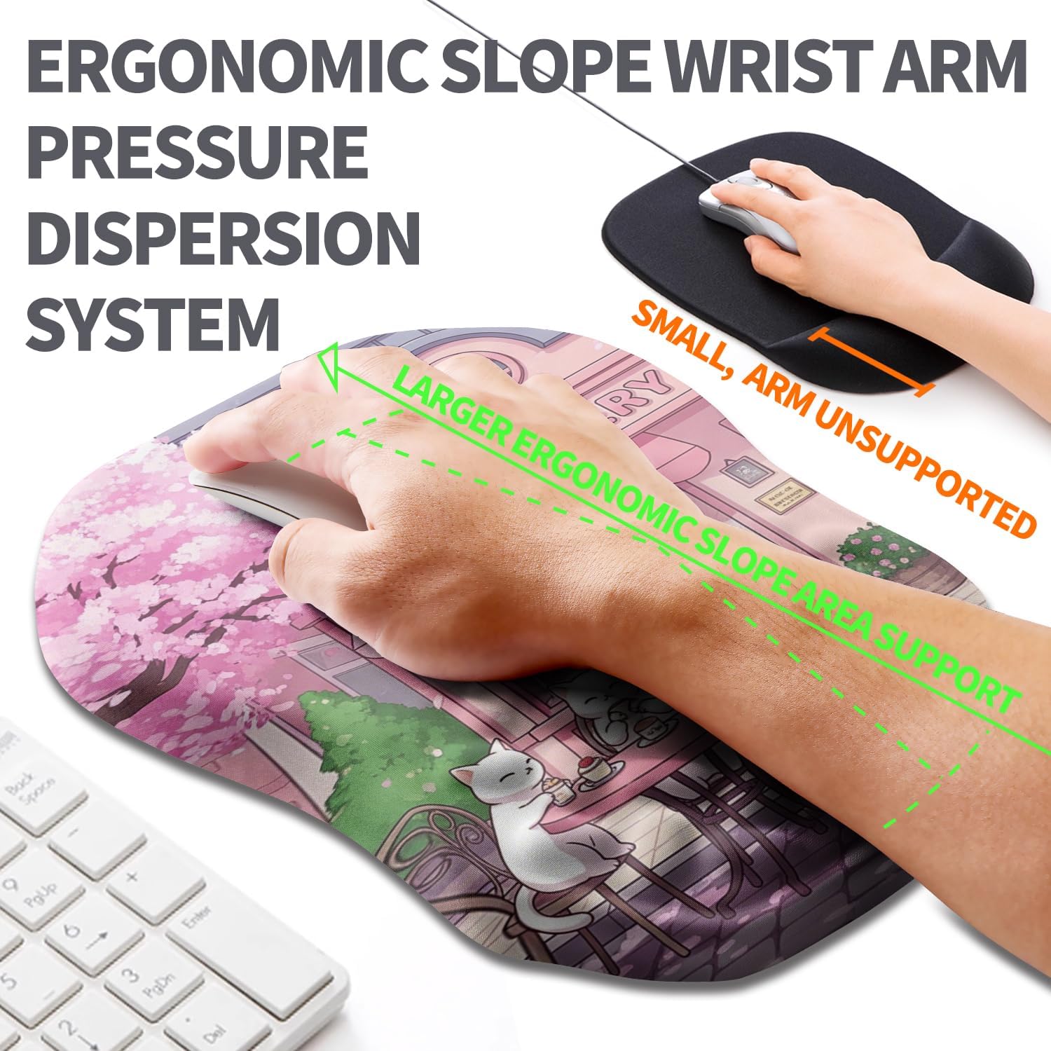 Ergonomic Slope Mouse Pad Wrist Support, Wrist Rest Mousepad for Carpal Tunnel Pain Relief with Massage Bulge and Slow Rebound Memory Foam (12x8 inch, Cat Bakery)