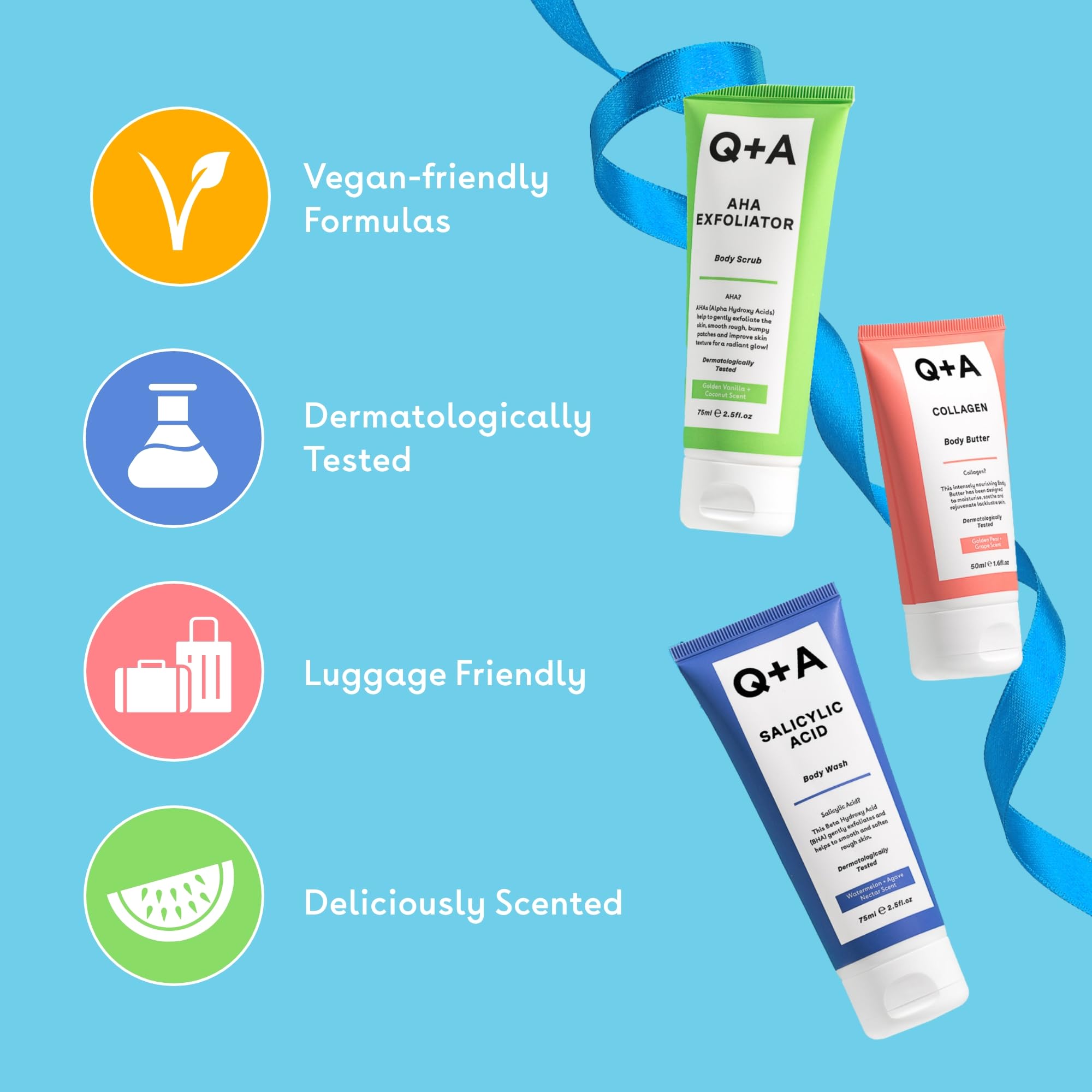 Q+A Bodycare Treats Gift Set, 3-Step Routine for Smooth Soft Skin, Salicylic Acid Body Wash (75ml) - Image 4
