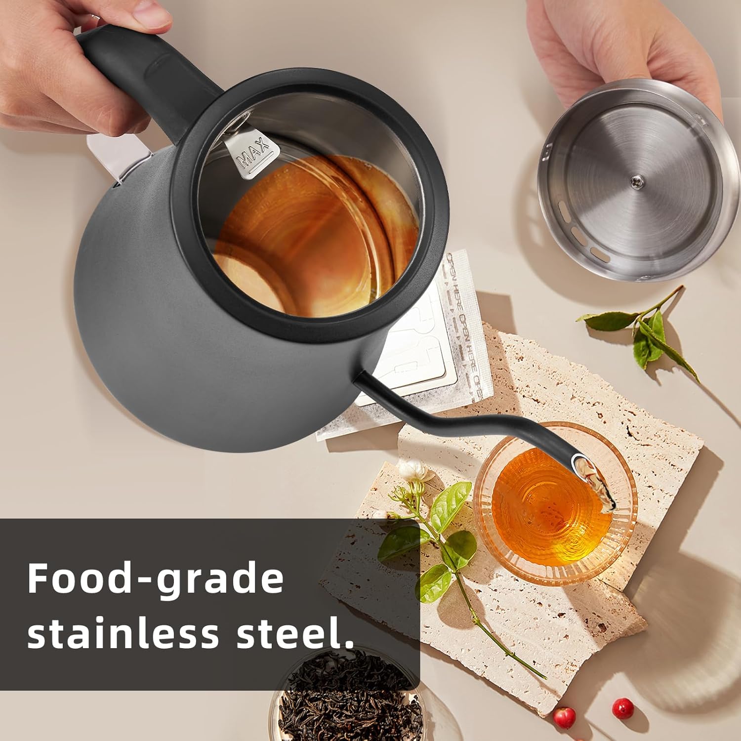 Electric Kettle Gooseneck Water Kettle, 304 Stainless Steel BlackElectric Tea Kettle 1L with Auto Shut-Off, 1000W Hot Water Kettle of Stainless Steel, Pour Over Kettle for Coffee & Tea (Black)