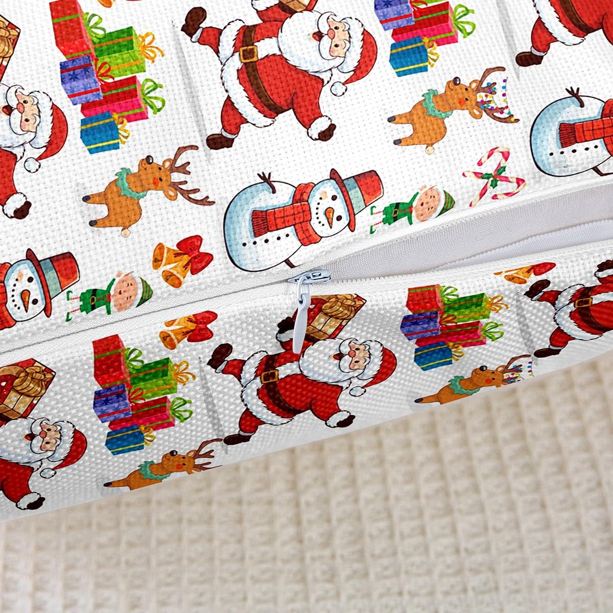 Homemissing Juego de 4 fundas de almohada navideñas de 50 x 50 cm, diseño de muñeco de nieve y ciervo, fundas de almohada decorativas para sofá, cama, silla, coche, Papá Noel, caramelos, fundas de