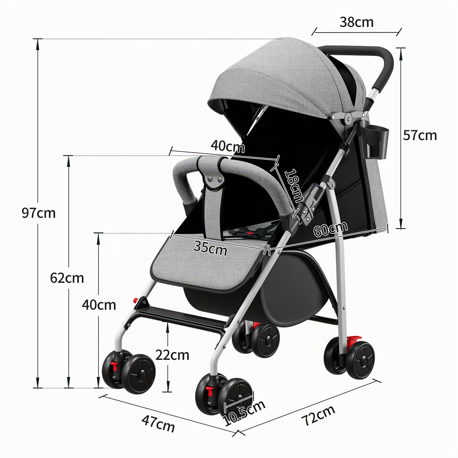 Cochecito de caña de bebé ultraligero, compacto, plegable e inclinable desde el nacimiento hasta 25 kg, con sistema Trolley, funda de lluvia y capó extensible, C-gris