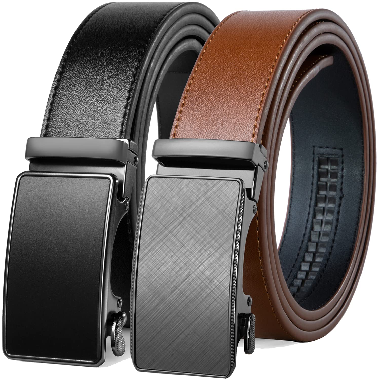 Founders & C Mens Belt 2 Pack,Leather Ratchet Click Belt Dress with Slide Buckle 1 3/8" in Gift Set Box- Size Adjustable, Casual Tan/Black Belt, 40-50W