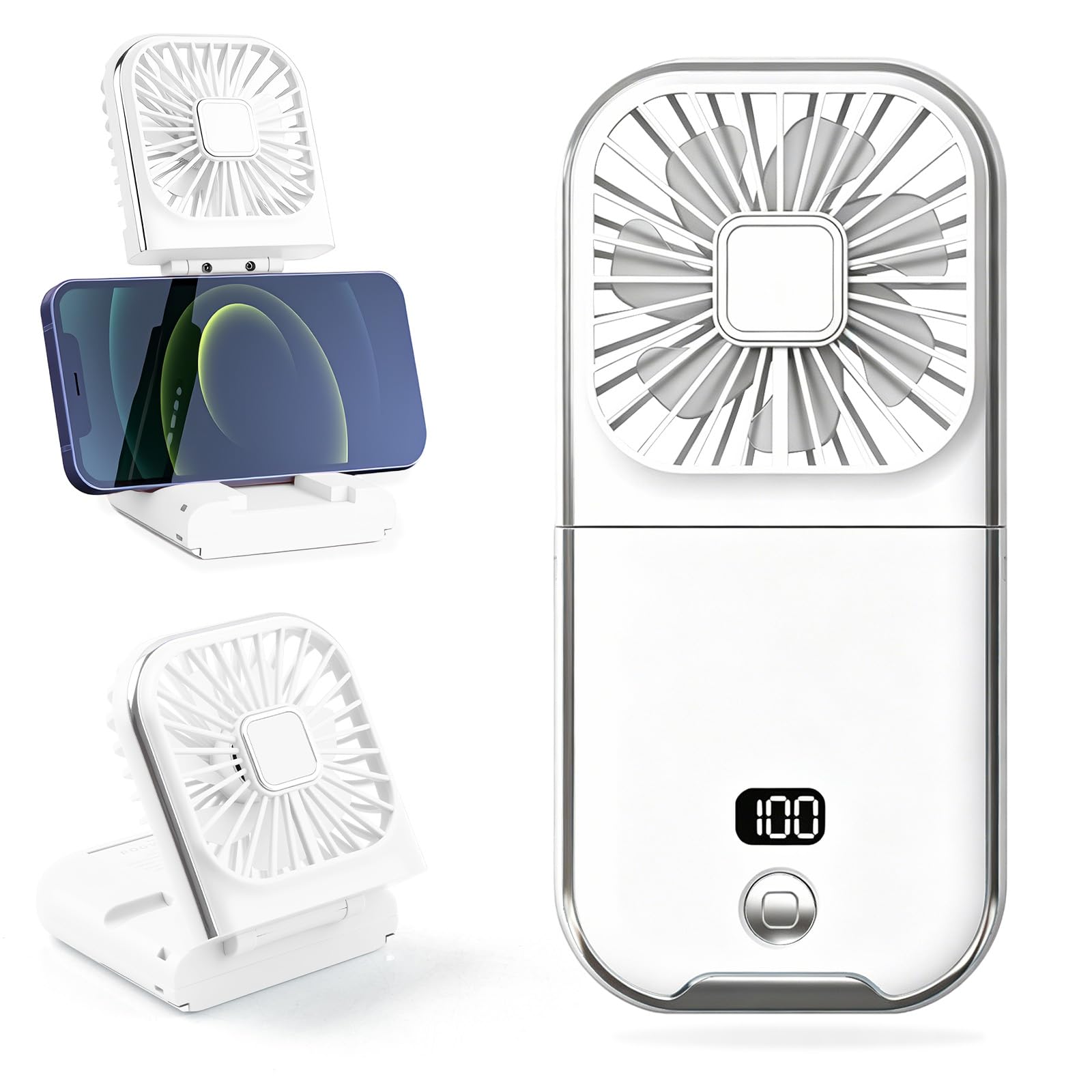 Portable Fan, Silent Usb Fan, Mini Fan, Rechargeable Folding Fan, 4 Speed, Hand Desk and Neck, for Office Home Travel (White)
