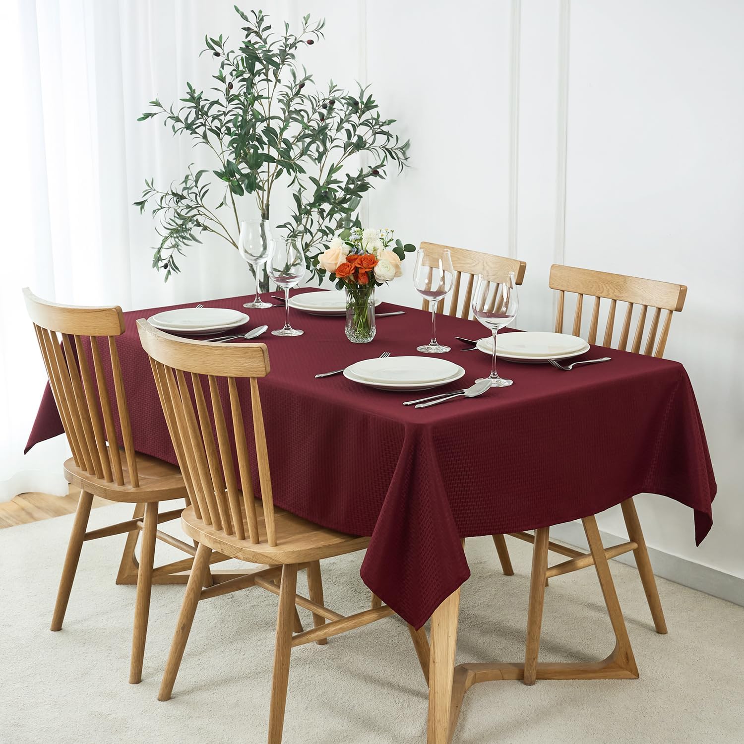 maxmill tablecloth weaved texture stain resistant waterproof, wrinkle resistant washable table cloth, fabric table cover for dining room, indoor outdoor use, rectangle 60 x 120 inch, burgundy 120" x 60" (rectangular) burgundy