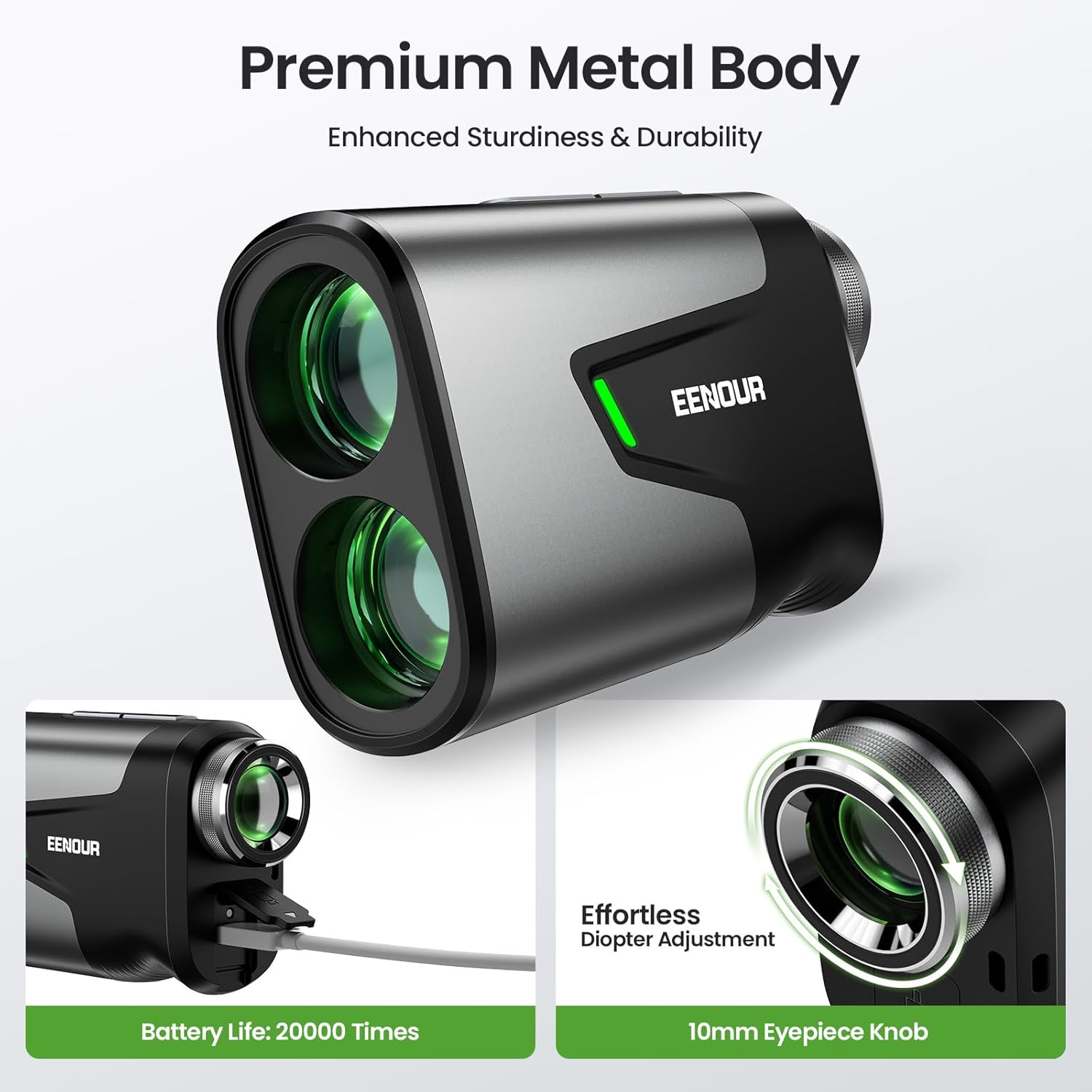 Agara nso view of the EENOUR U1200 Golf Rangefinder, highlighting its premium metal body, USB-C charging port, and the 10mm eyepiece knob for diopter adjustment.