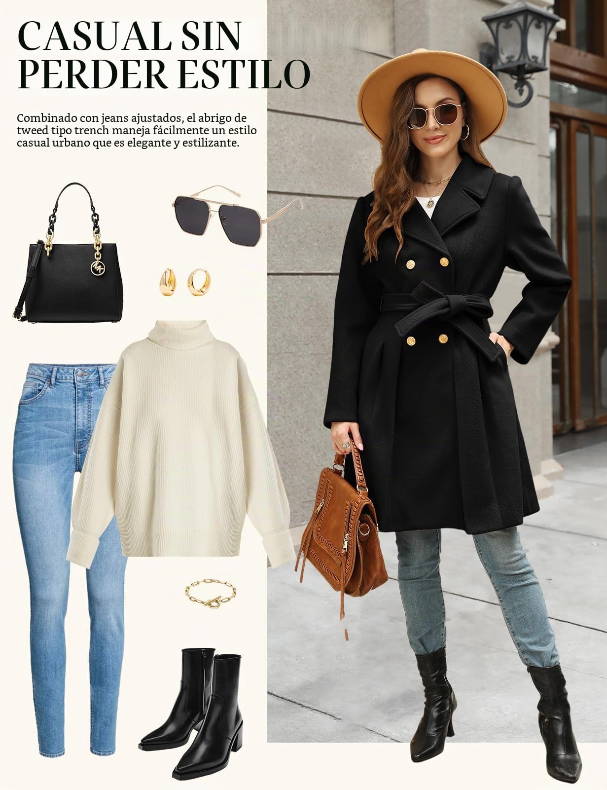 Abrigo Lana Mujer Invierno Elegante Abrigos Paño Largo Chaqueta Entretiempo Gabardina Moda Tench Coat con Botones
