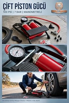 Transformacion Çift Pistonlu Ayak Pompası 100 PSI 7 Bar Manometreli Göstergeli Araba Bisiklet Lastik Şişirme Pompası 723603