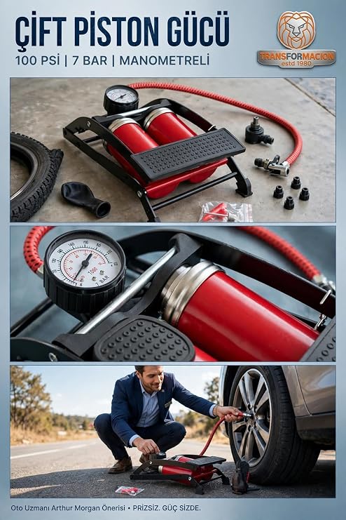Transformacion Çift Pistonlu Ayak Pompası 100 PSI 7 Bar Manometreli Göstergeli Araba Bisiklet Lastik Şişirme Pompası 723603