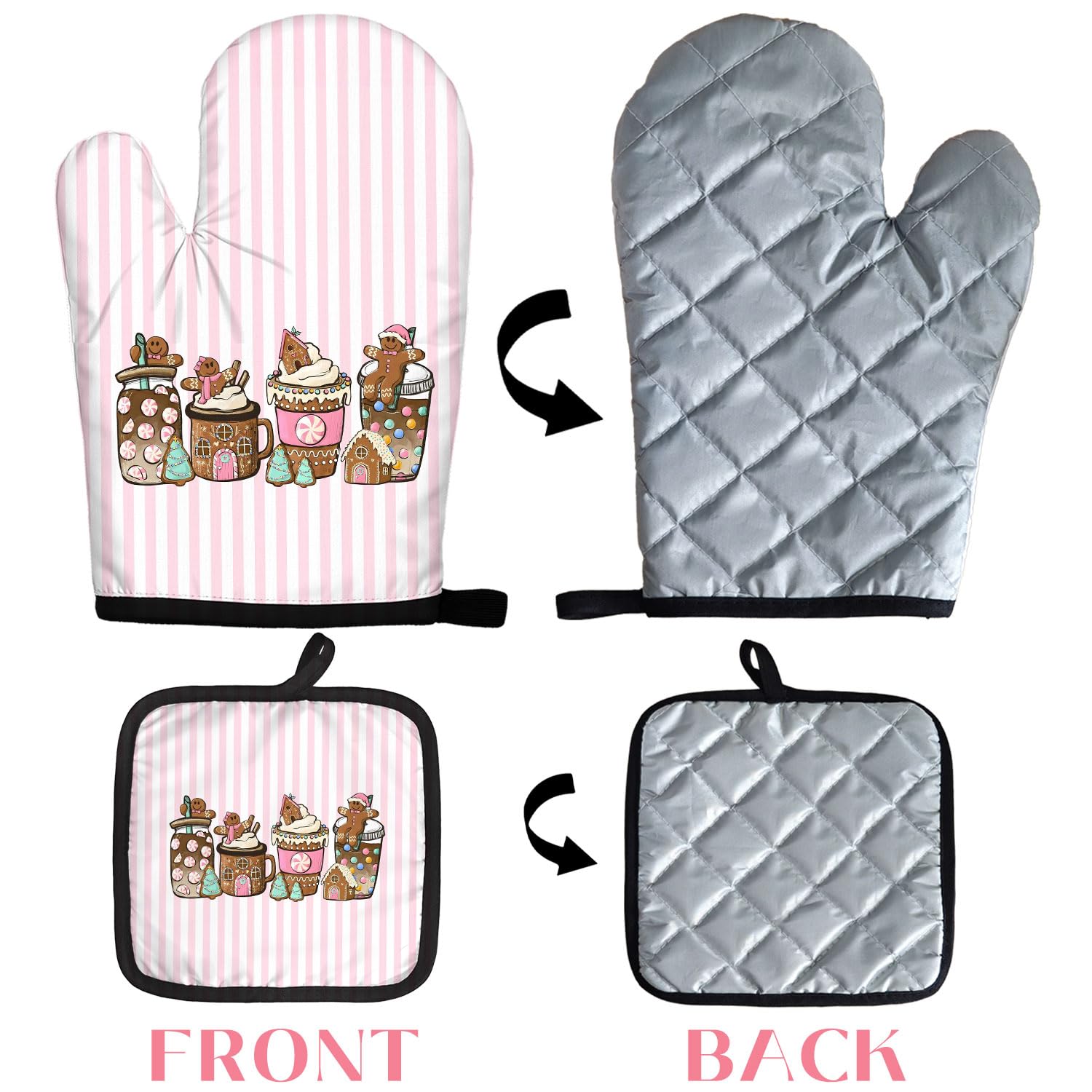 Ofenhandschuhe und Topflappen-Sets, Weihnachtsdekoration, rosa gestreift, niedlich, Lebkuchen, hitzebeständige Ofenhandschuhe, heiße Pads für Küchendekoration