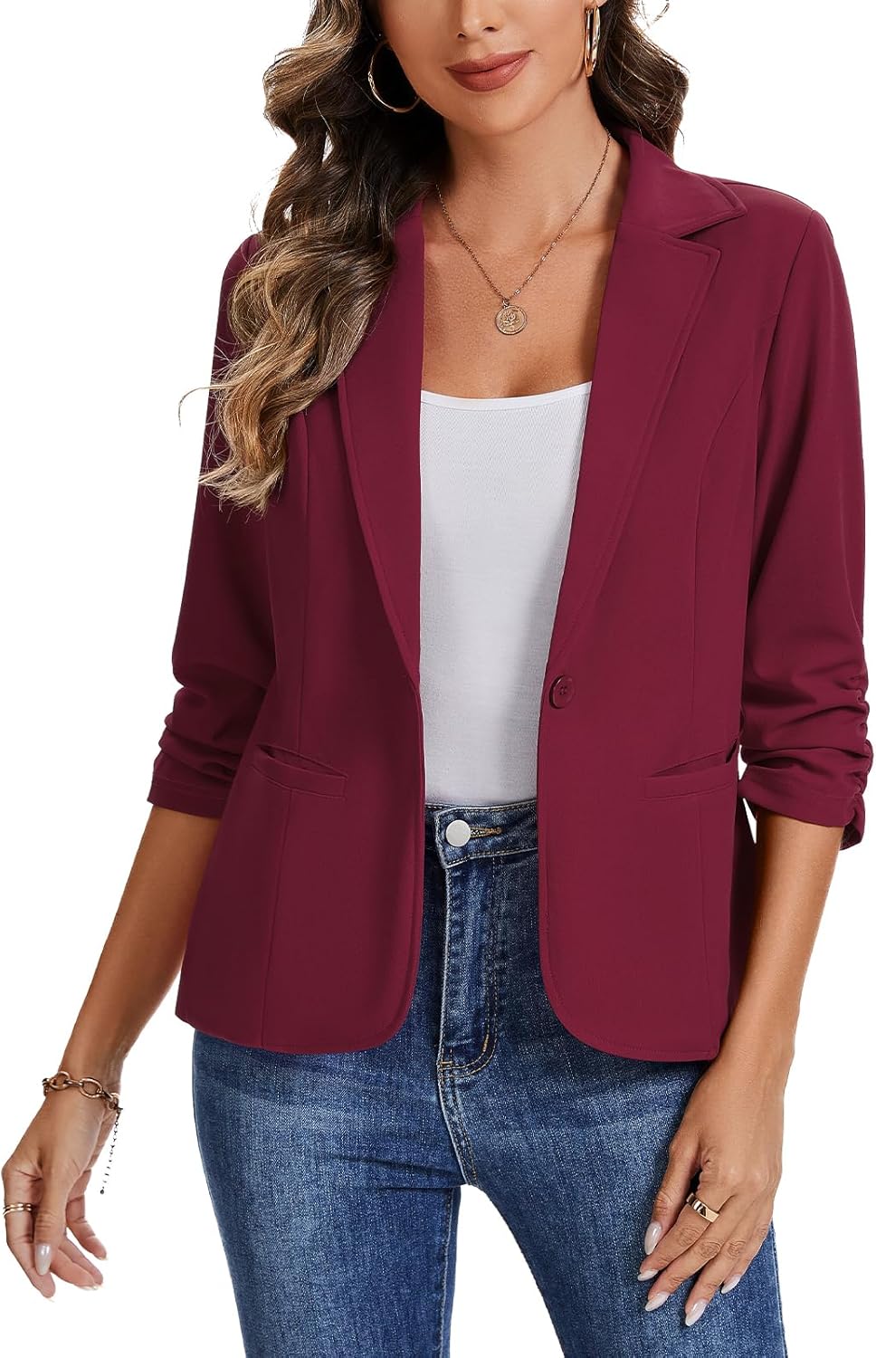 MINTLIMIT Women's Ruched 3/4 Sleeve Blazer Casual Notch Lapel Work Blazers Single Button Jackets Pockets