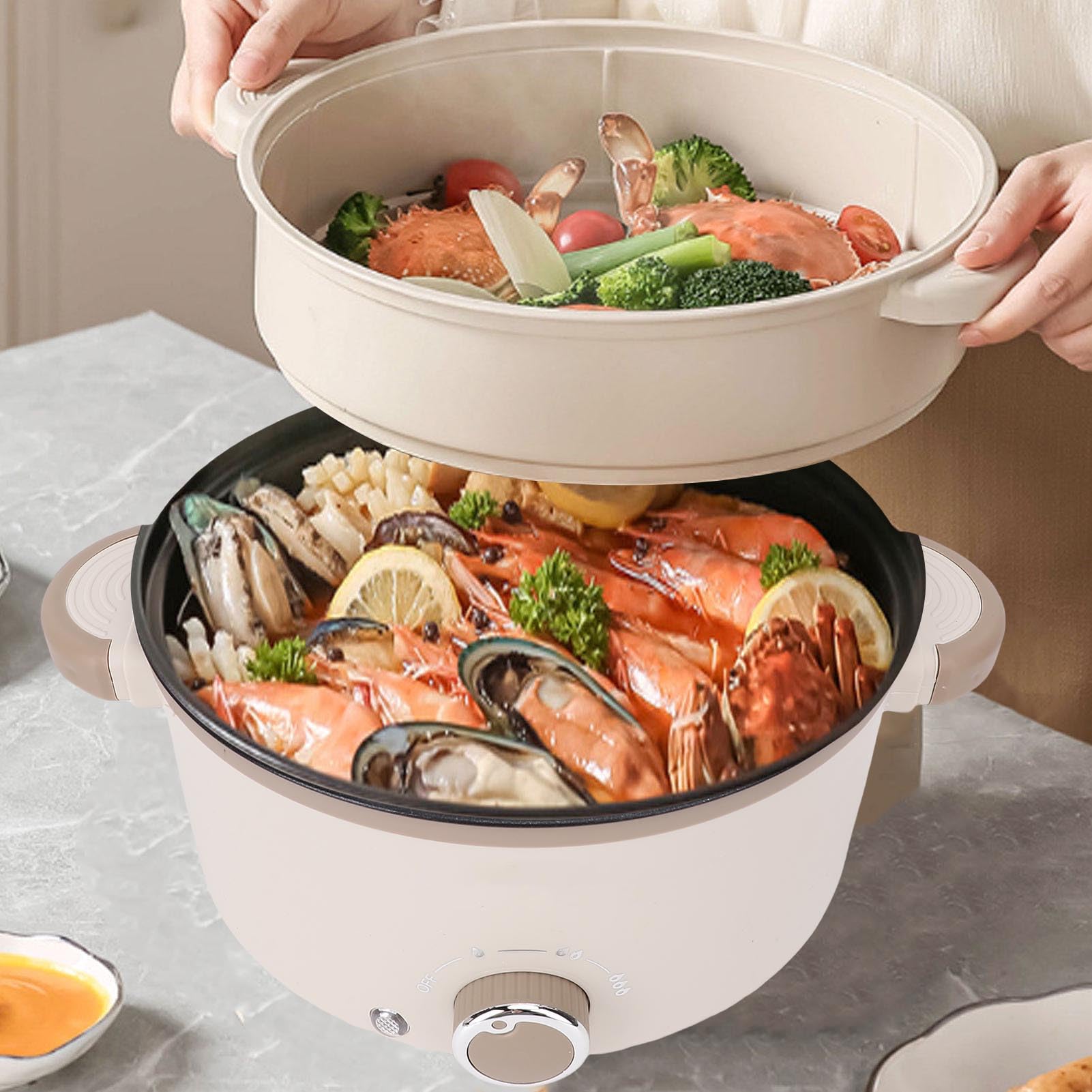 Electric Pot, 3L Large Capacity Multifunctional Anti Scald Electric Cooker, Anti Stick Coating Touch Control Electric Ramen Cooker with Steam Basket for Noodle Rice Simmering (US