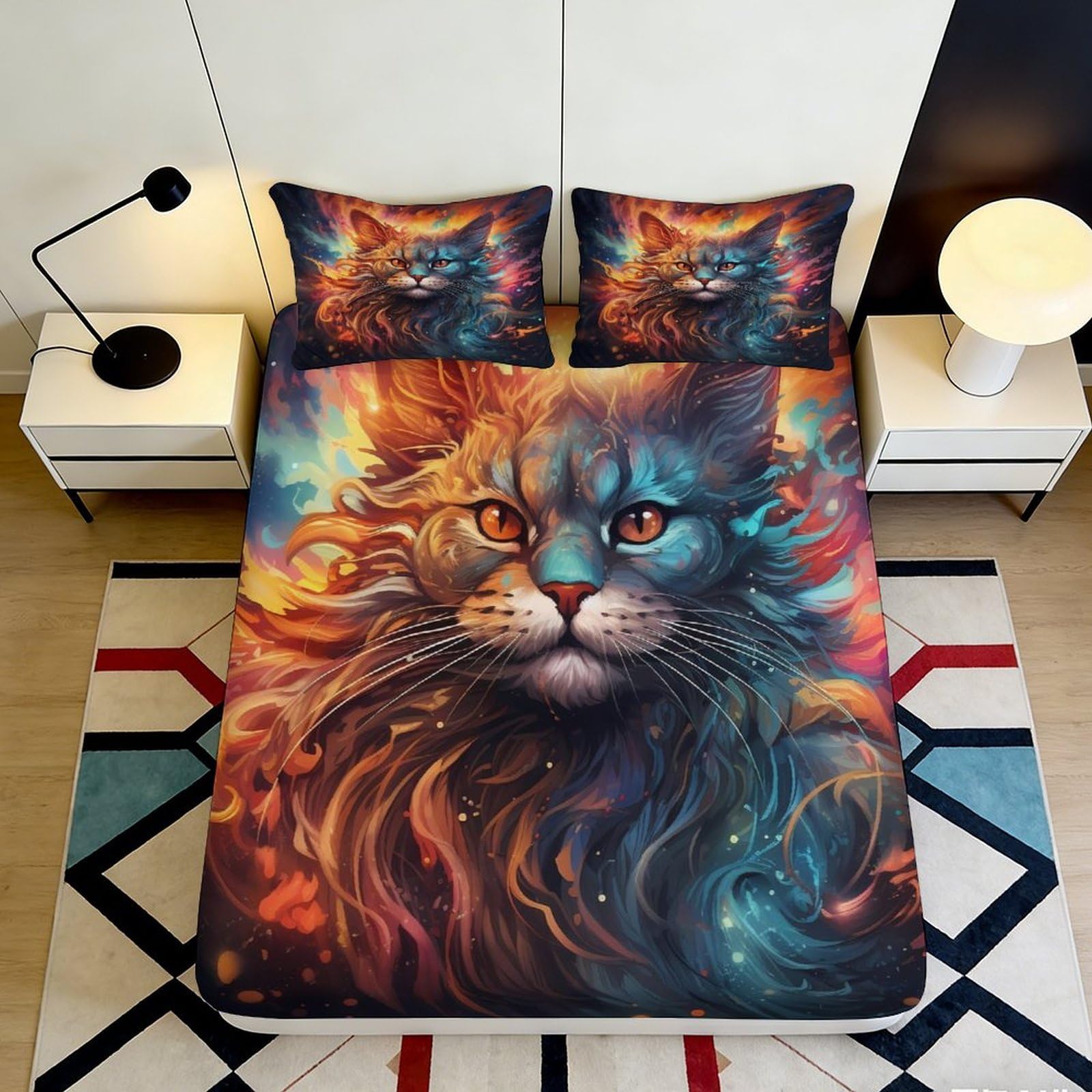 3D Printed Colorful Cat Art Fitted Sheet Microfiber Soft Durable Vibrant Fantasy Bed Cover for Bedroom Dormitory Guest Room Mattress Protection 120x200x25cm