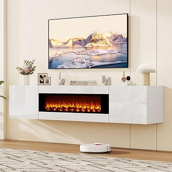 70" Wall Mounted Floating TV Stand with 36" Electric Fireplace, High Gloss Floating Entertainment Center TV Shelf for TVs Up to 80", White Fireplace Media Console Table Floating TV Cabinet Living Room