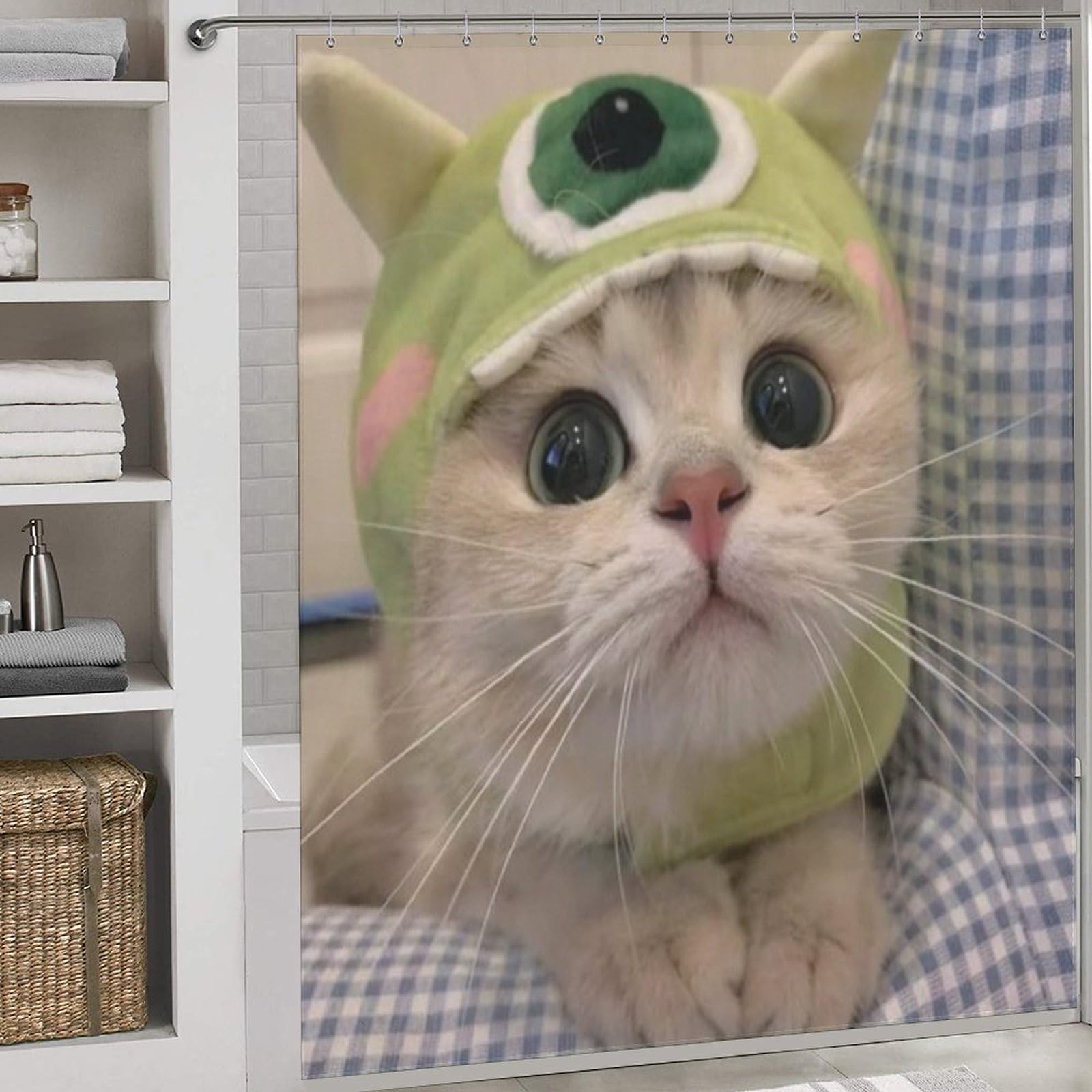 Rideau de douche chat mignon en tissu imperméable et lavable avec 12 anneaux en C