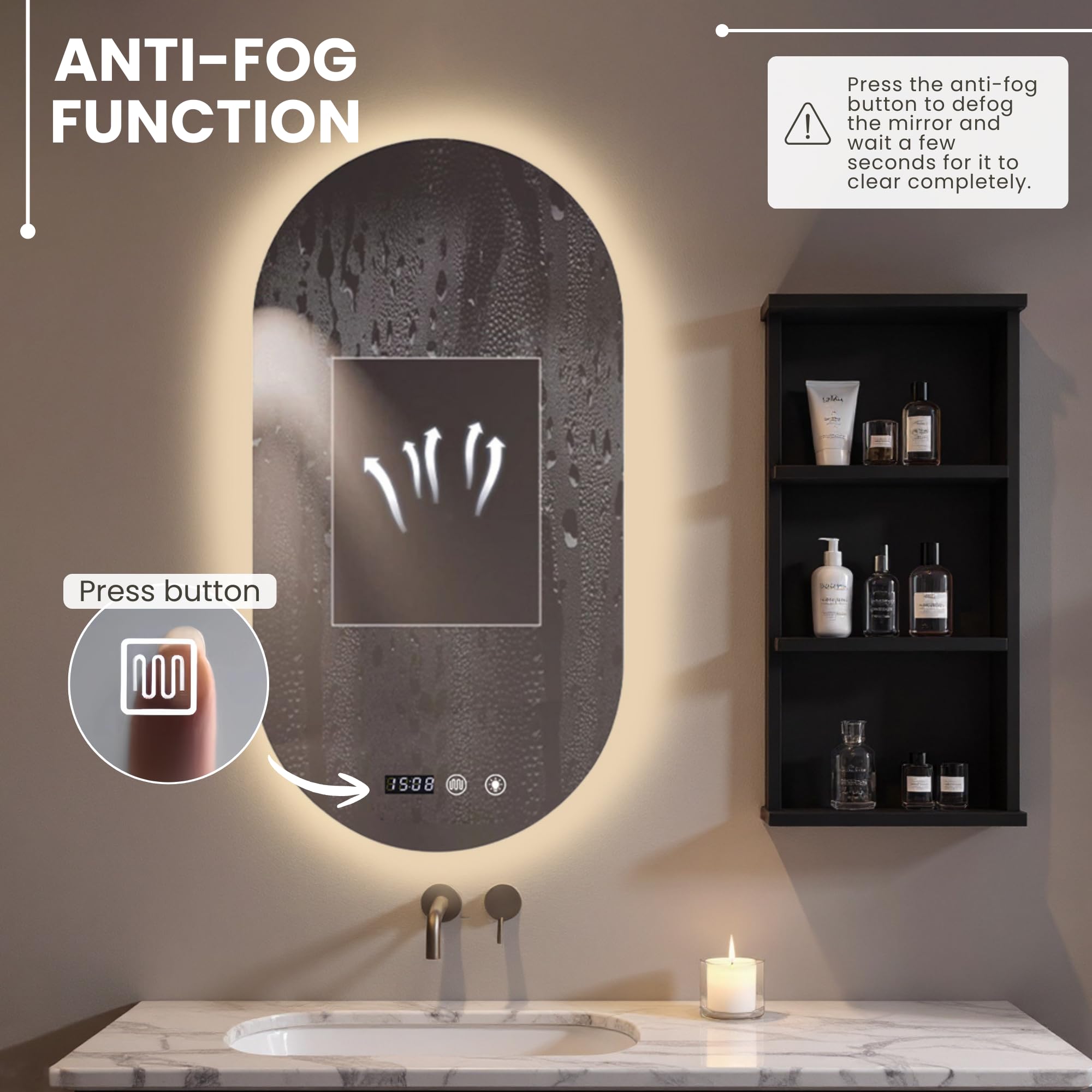 Specchio da Bagno con Luce. Specchio Ovale LED da Parete, 3 Tonalità di Colore, Dimmerabile, Anti-Appannamento, o con Orologio e Temperatura. Ideale pe Bagno o Toeletta. (Verticale – 60x90cm)