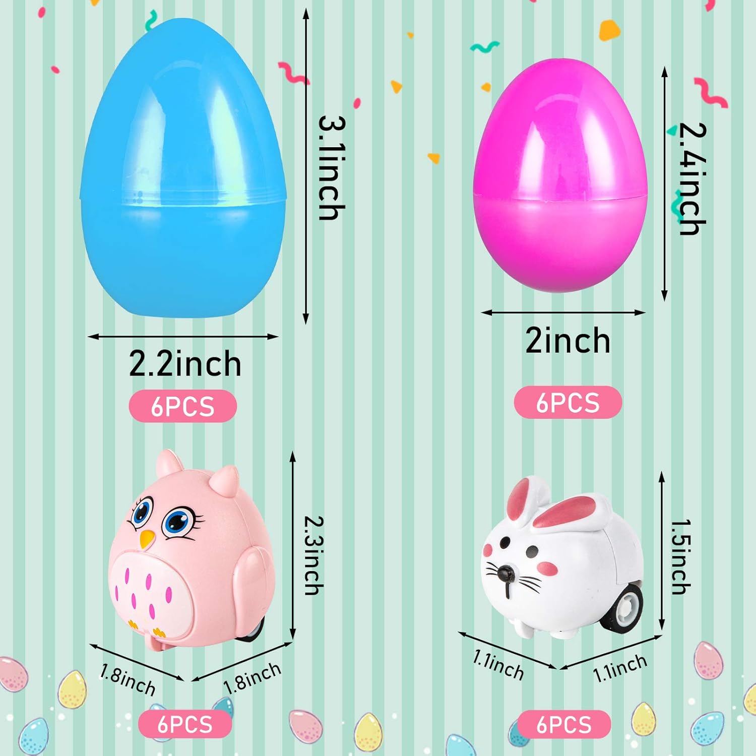LovesTown 12 Pack Prefilled Easter Eggs with Cars Toys, for Egg Hunt Game, Kids Easter Basket Stuffers & Party Favors for Boys Girls Toddlers Princess Plastic Eggs Stuffed Animals Toys Inside
