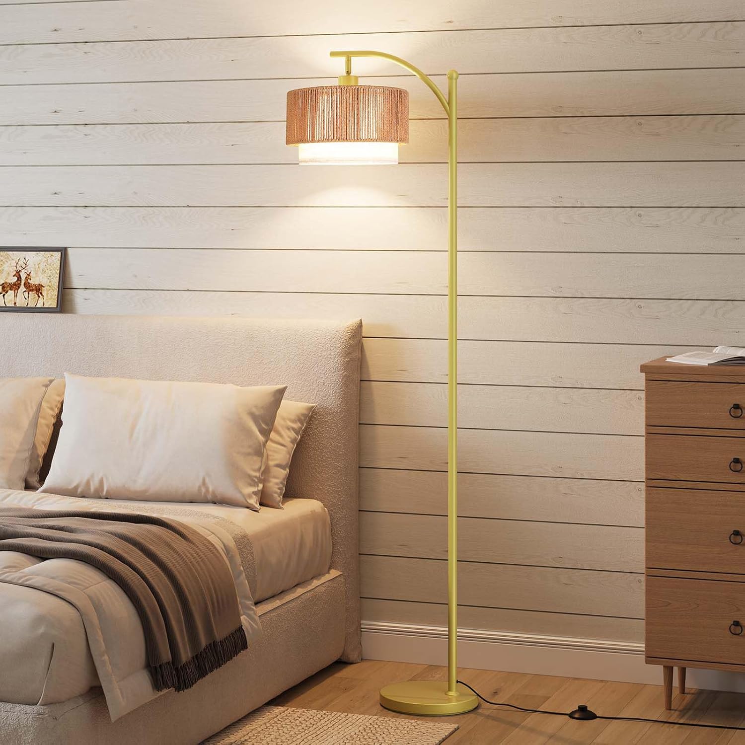 SUNMORY Floor Lamps for Living Room with 12W LED Bulb, Arc Floor Lamp with 3 Color Temperatures, Farmhouse Floor Lamps with Adjustable Rattan & Fabric Shades, Boho Standing Lamp for Bedroom, Corner