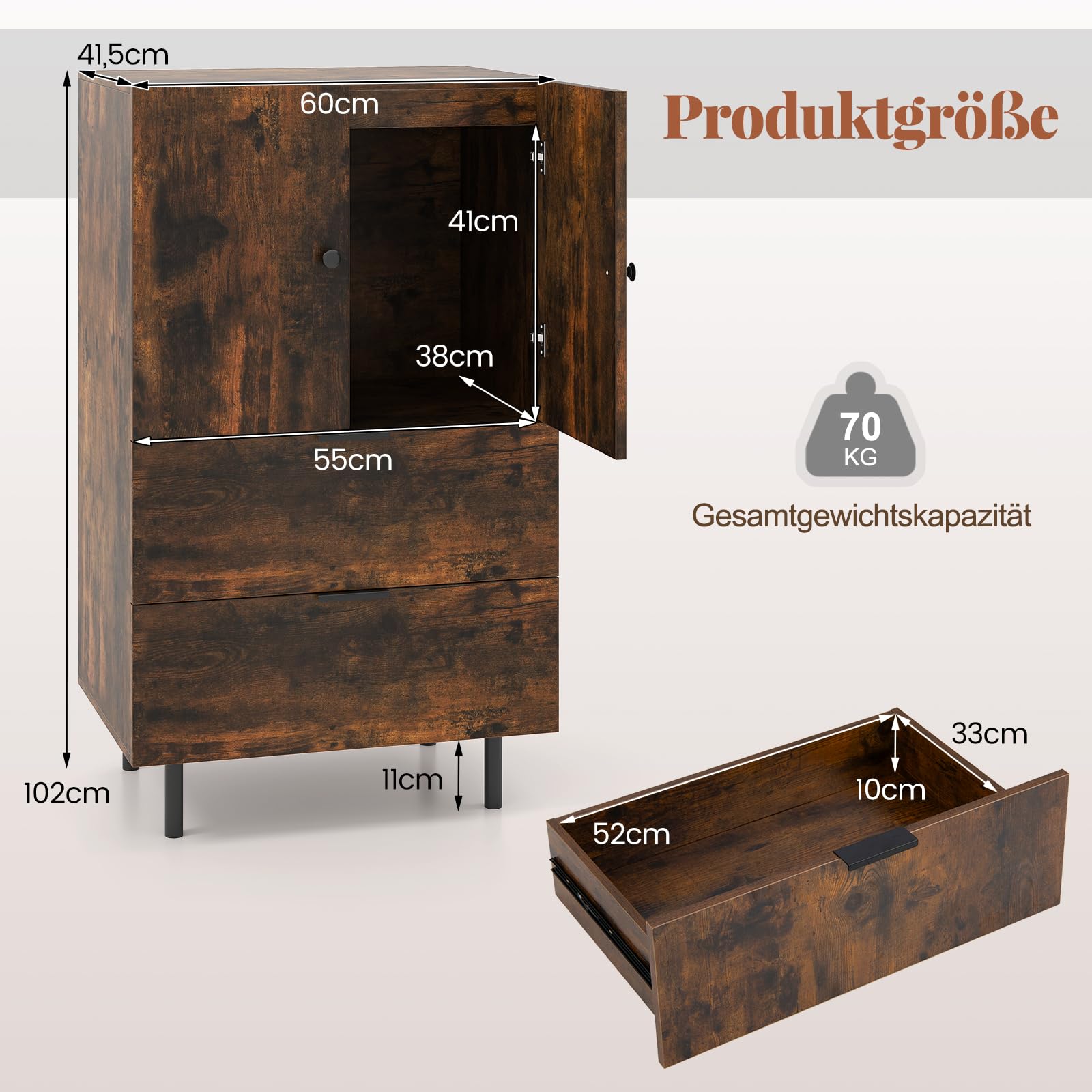 COSTWAY Kredens drewniany z metalowymi nogami, szafka bufetowa, szafka do serwowania z szufladami i drzwiami, szafka do przechowywania do salonu, jadalni, kuchni, 60 x 41,5 x 102 cm (kawowy)