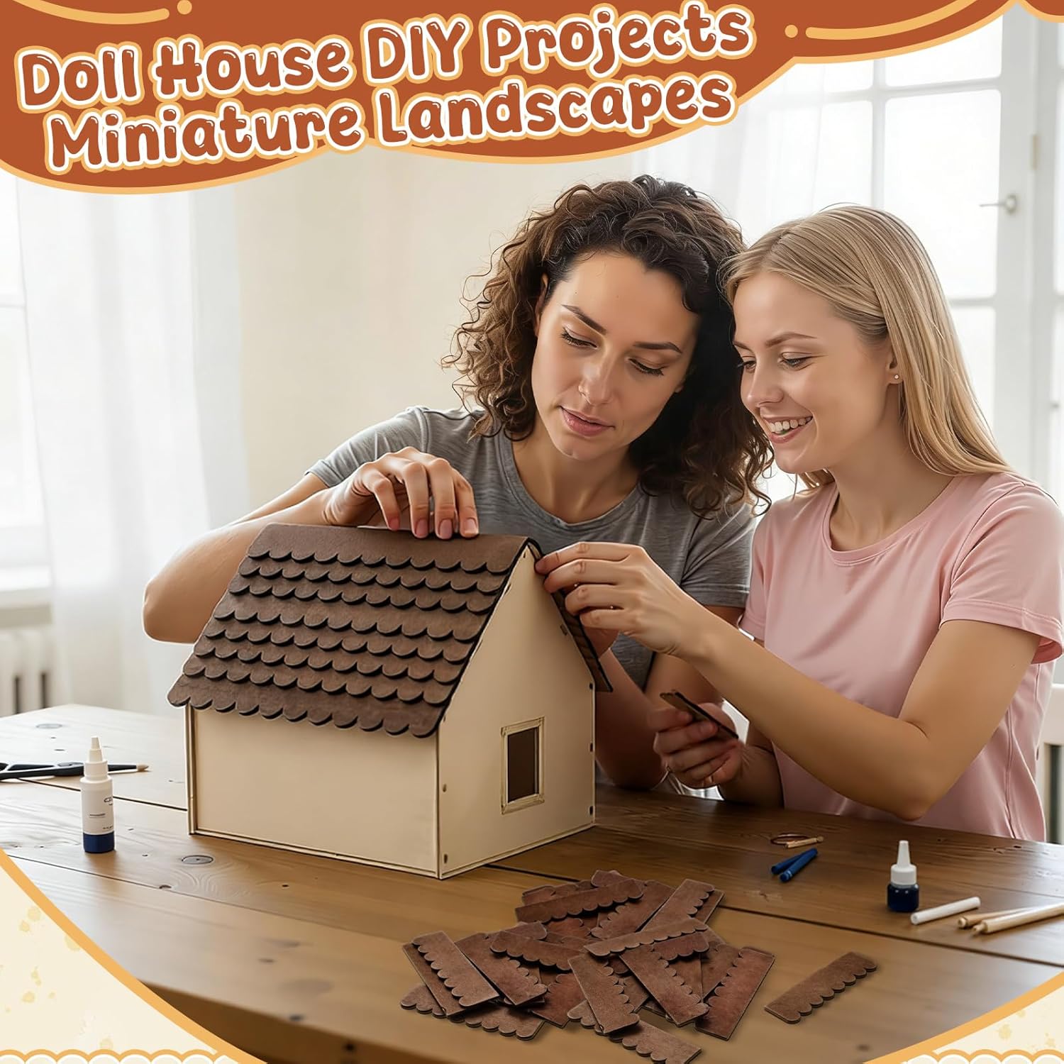 Wenqik 150 Strips Dollhouse Roof Shingles 4.25 x 1.14 Inches Each Mini Fish Scale Wooden Dollhouse Miniature Roofing for 1: 12 Scale Doll House Projects DIY Miniature Landscapes (Brown)