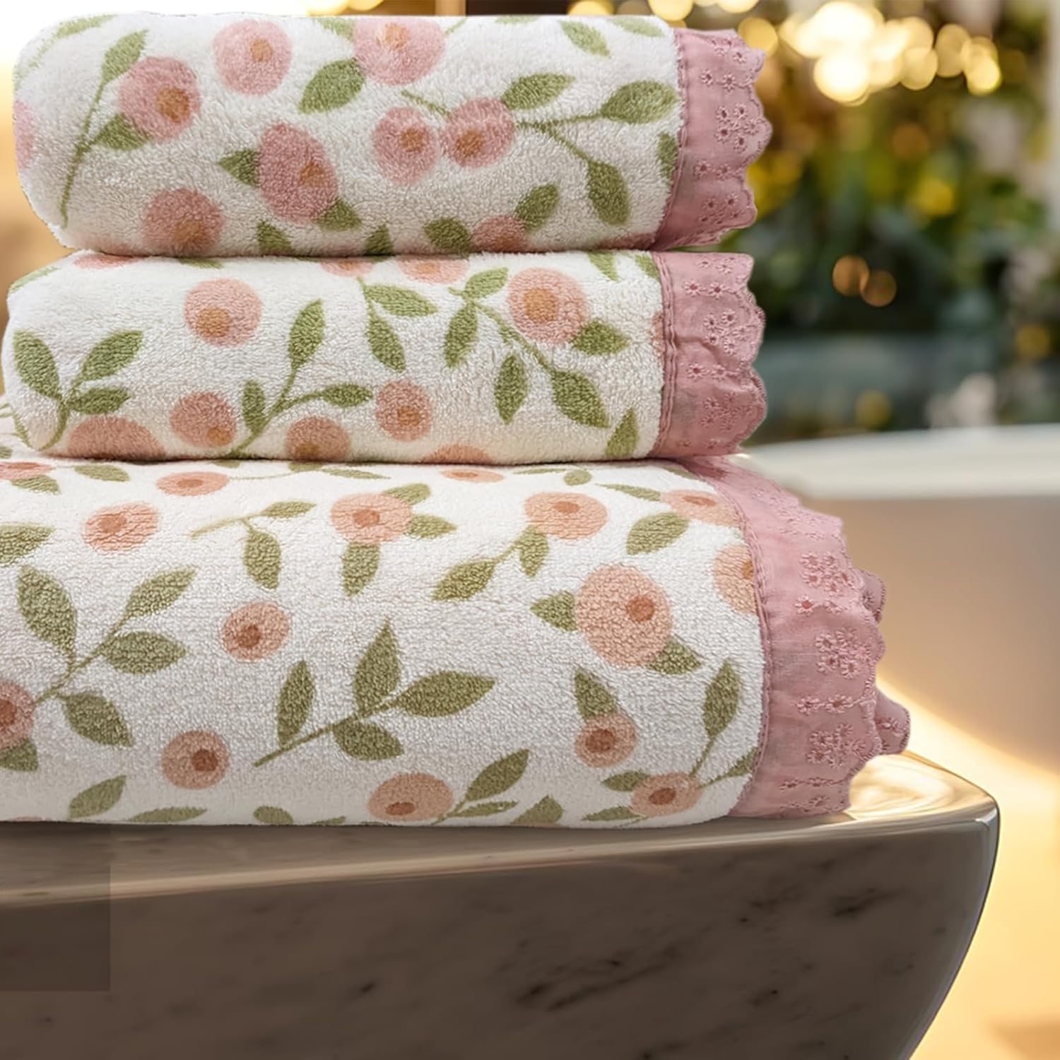 ABREEZE Floral Bath Towel Set,3 pcs,Coral Velvet Soft Absorbent Towels for Valentine's Day (1 Bath Towel,2 Hand Towels) - Image 3
