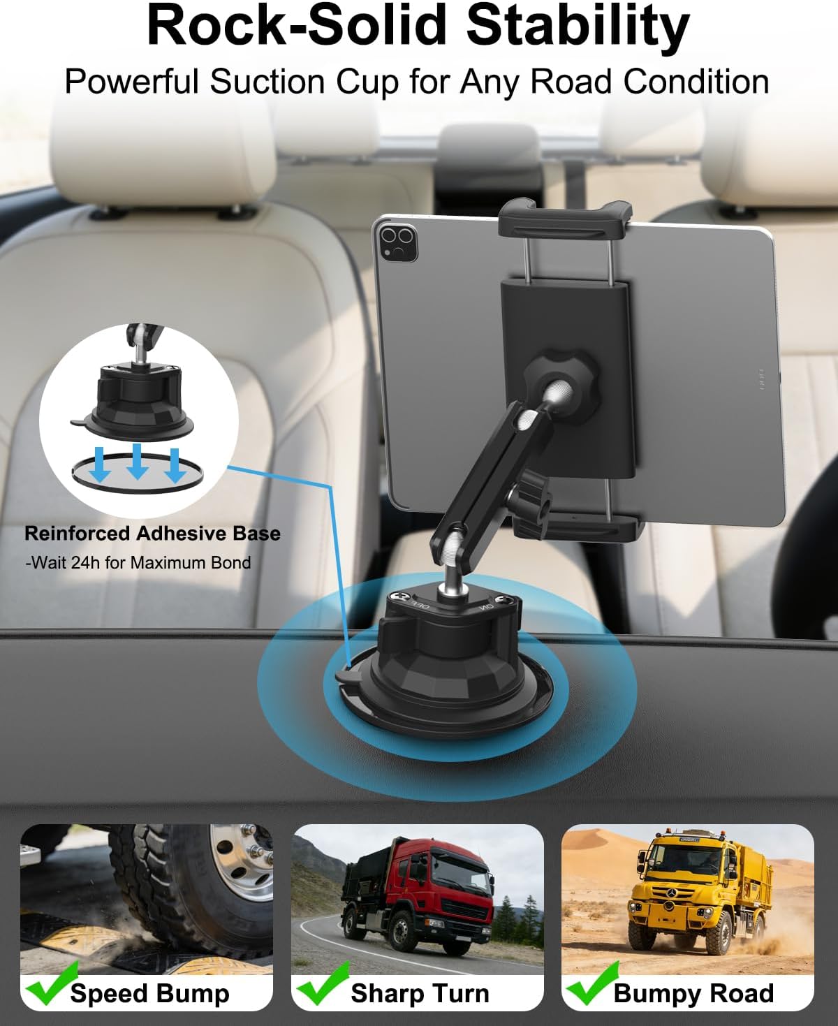 Heavy Duty Tablet Mount for Truck Dashboard, Suction Cup Tablet Mount for Car Windshield, Anti-Shake Metal Arm Holder Fits 4-13" Devices, iPad Pro/Air/Mini, Galaxy Tab