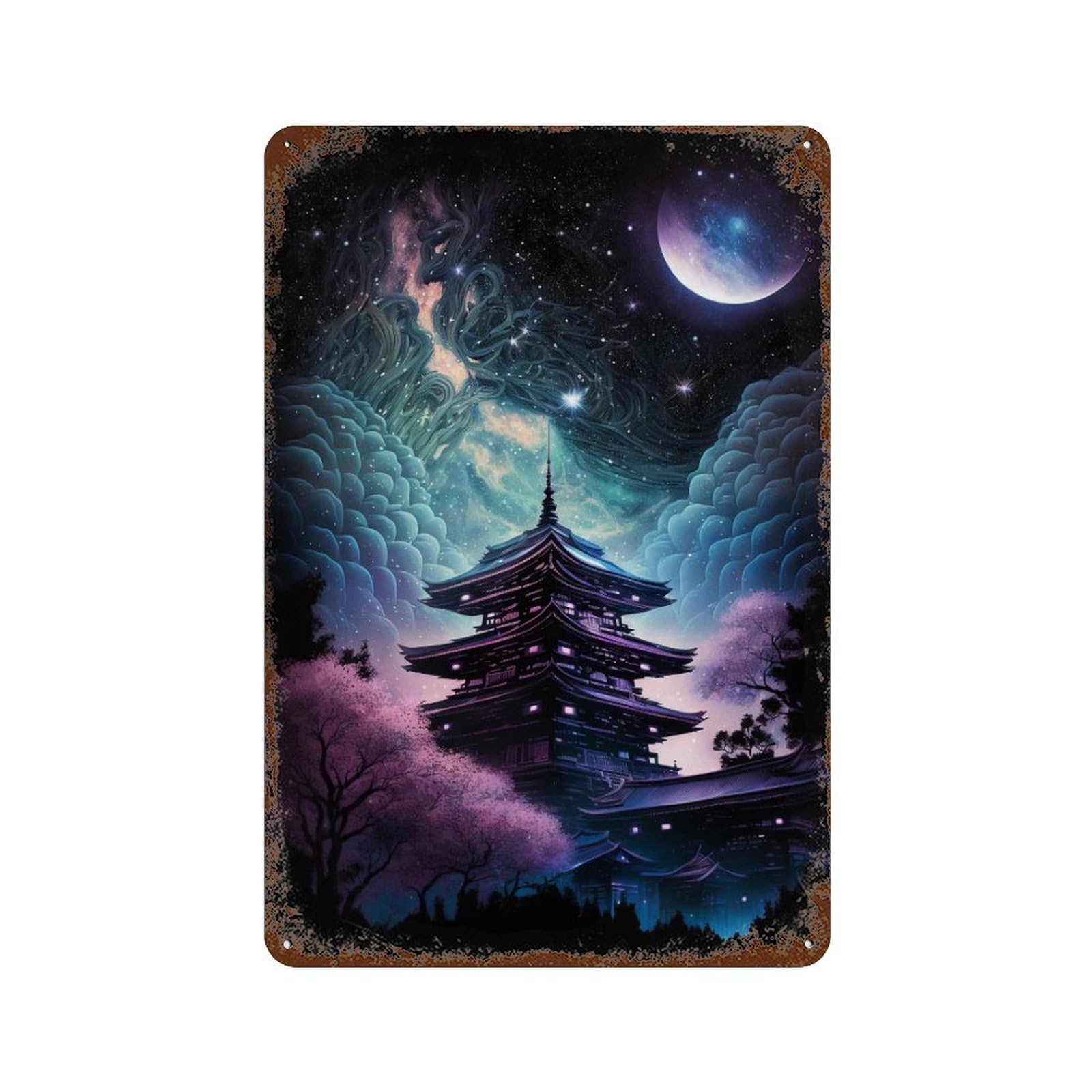 Fantasy Japanese Pagoda Night Sky Weathered Tin Sign 11.8"x7.9", Rustic Home Decor for Garage, Pub Or Kitchen