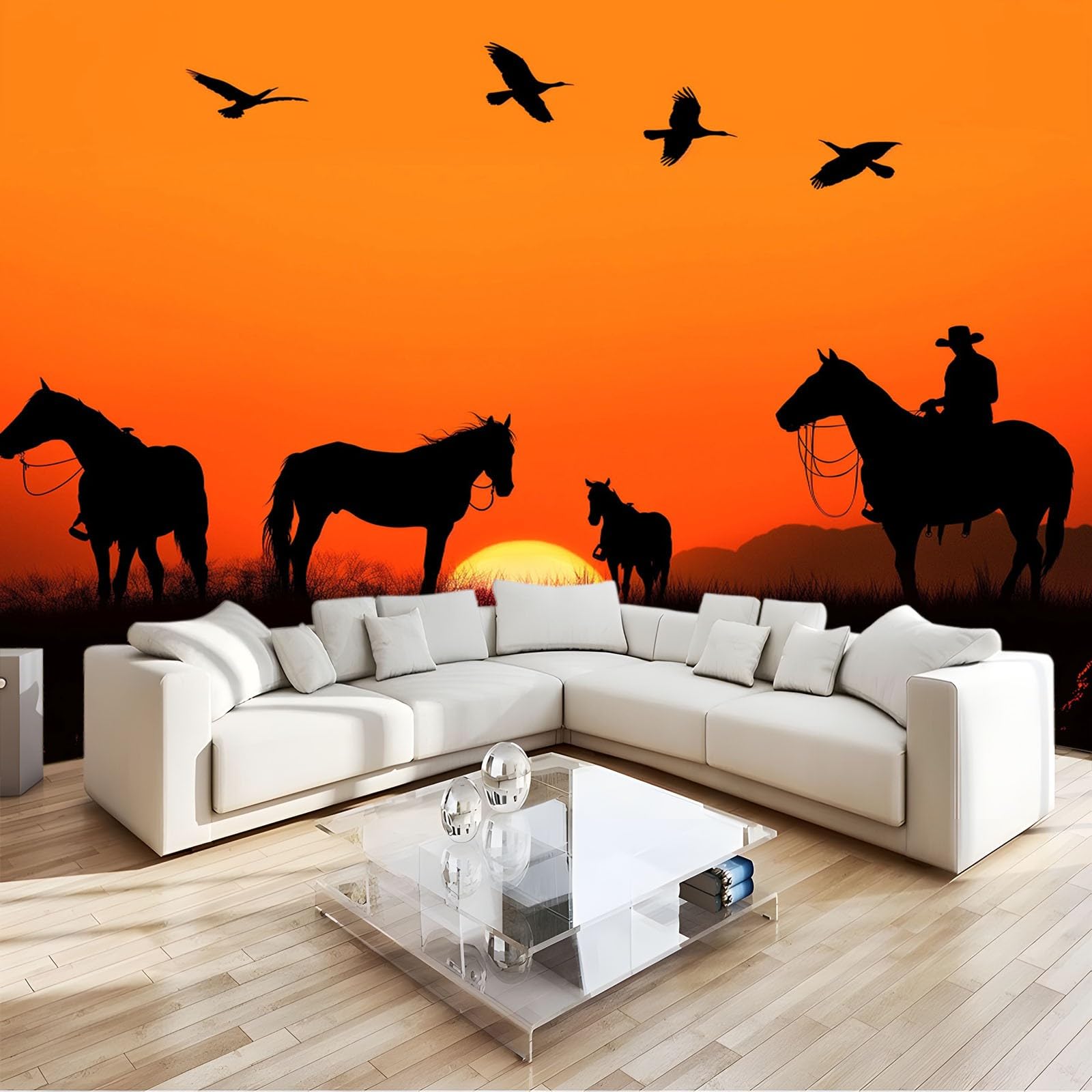 Coucher de Soleil Animaux Chevaux Oiseaux Papier Peint Intissé 300x210