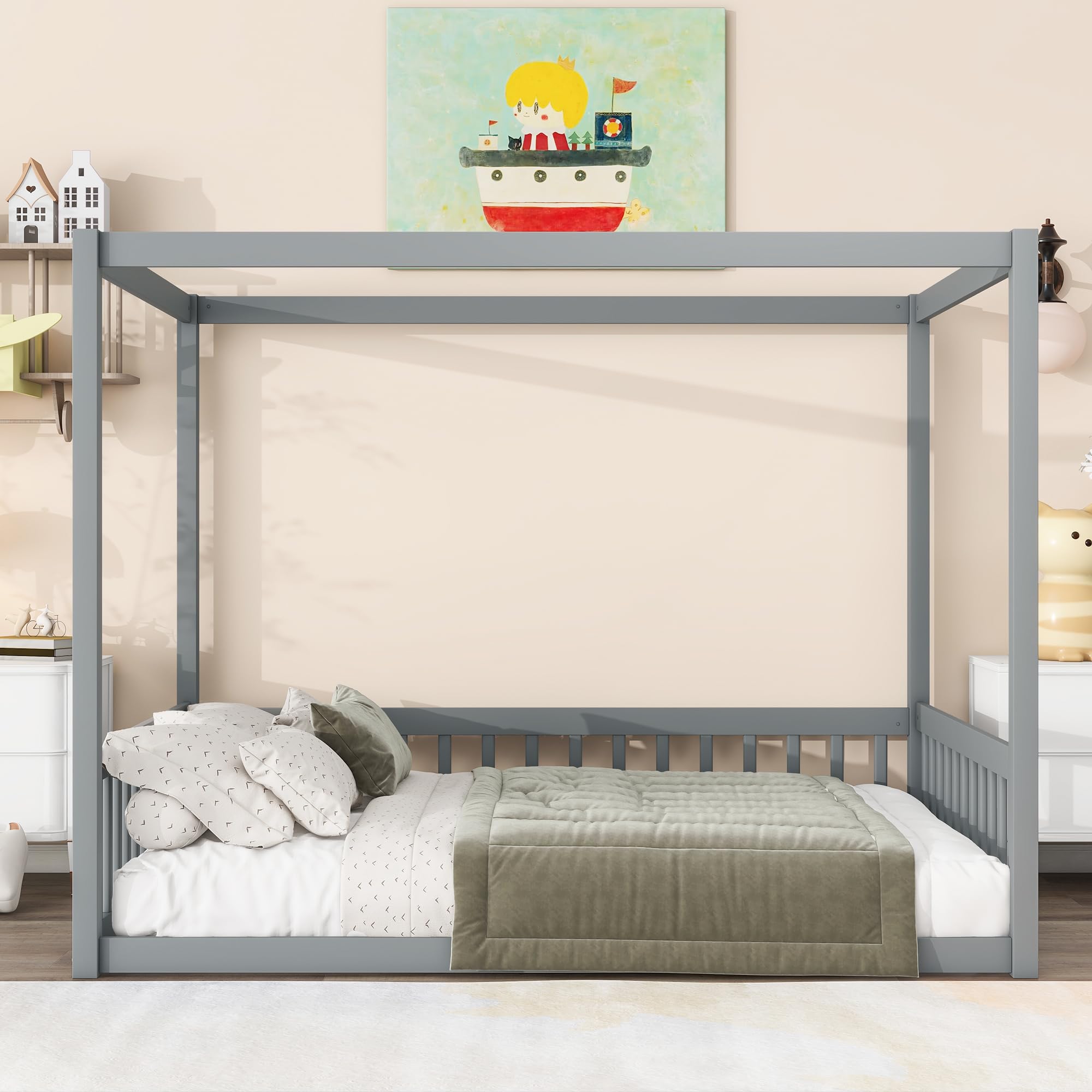 Full Size 4-Posters Canopy Bed Frame with Fence Guardrails, Rubber Wood Montessori Floor Platform Bed for Kids Teens Girls Boys, No Box Spring Needed (Grey-02)