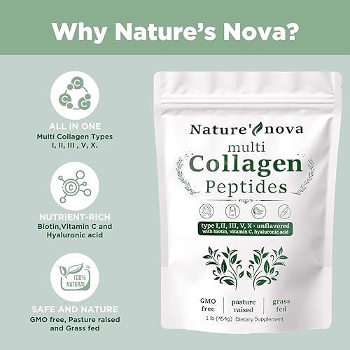 Miniatura 3 de Nature's Nova Polvo de péptidos de colágeno múltiple - Tipo I, II, III, V, X con biotina, ácido hialurónico, vitamina C - Sin sabor, fácilmente