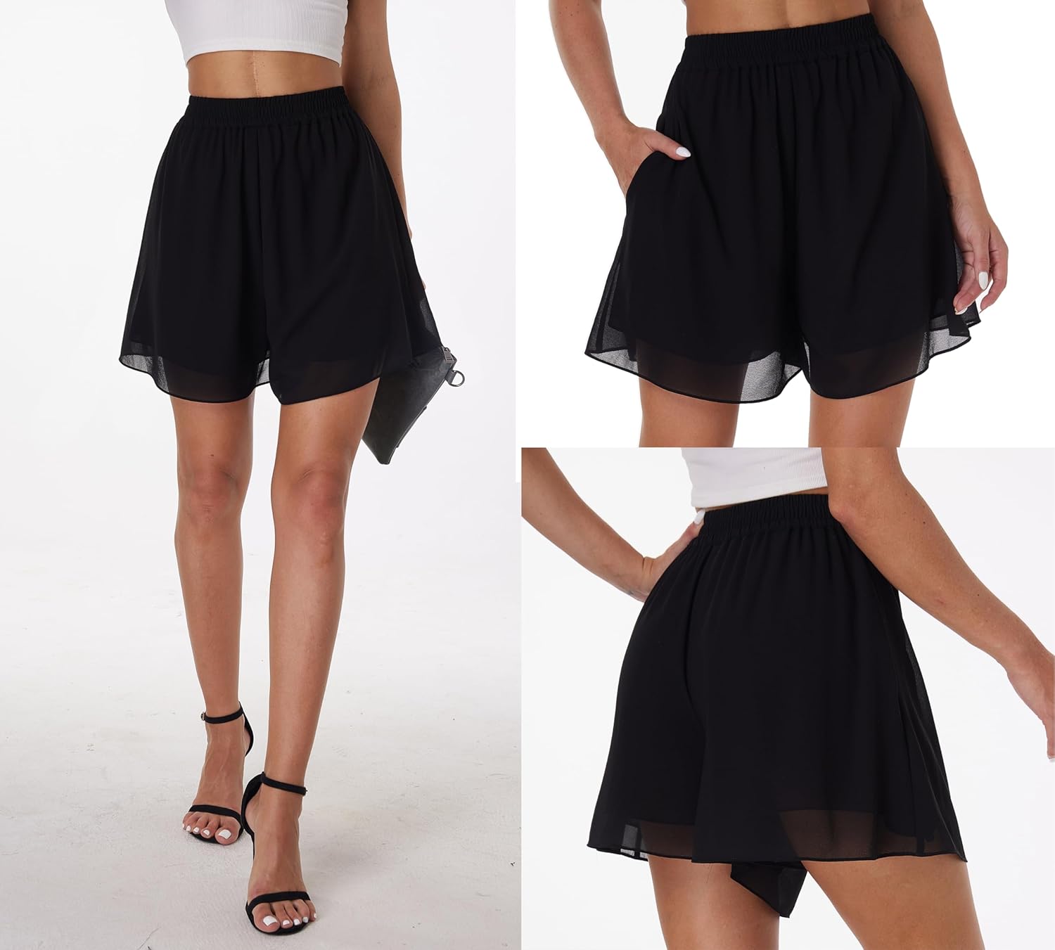 Women's Chiffon Shorts Double Layers Summer Vacation Beach Party Silky Ruffle Dressy Casual Shorts - Image 5