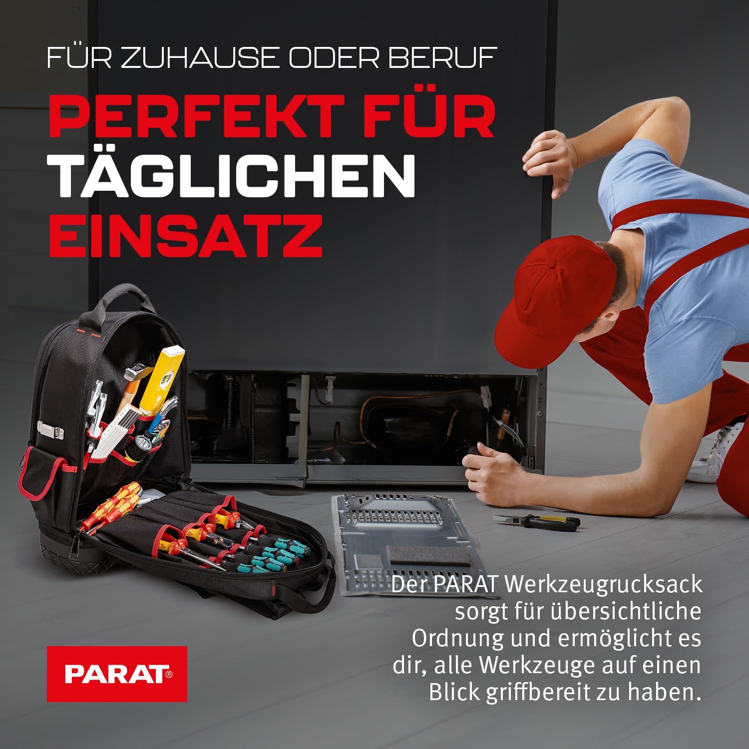 Parat Basic Back Pack Tool Bag (for approx. 5990830991, 50 Tools, with Tablet Compartment Reinforced Bag Base, Black