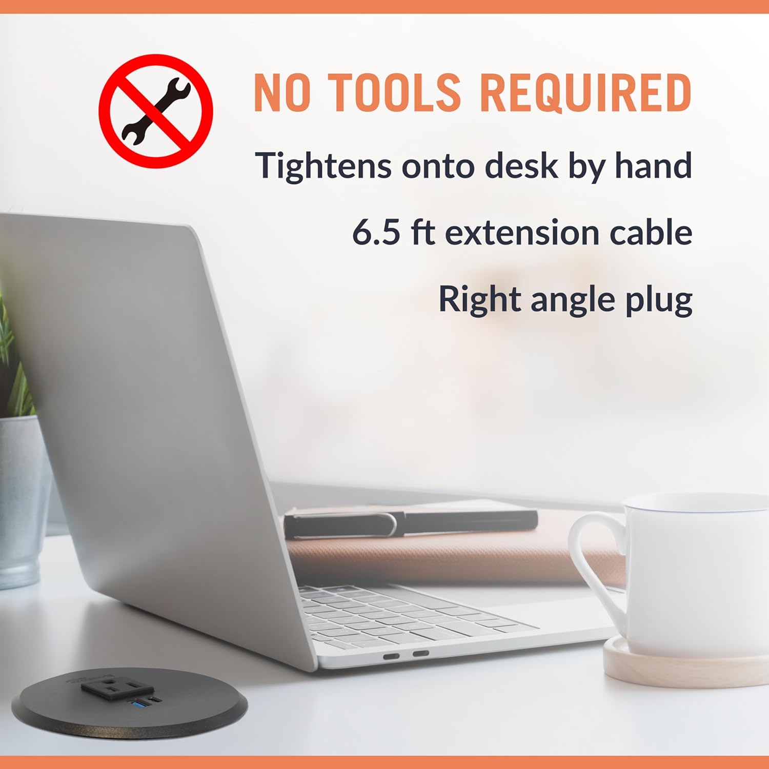 Newhouse Electric 2-4 in. Universal Desk Grommet with Tamper Resistant Electrical Outlet, USB Ports, and 6.5-ft. Cable