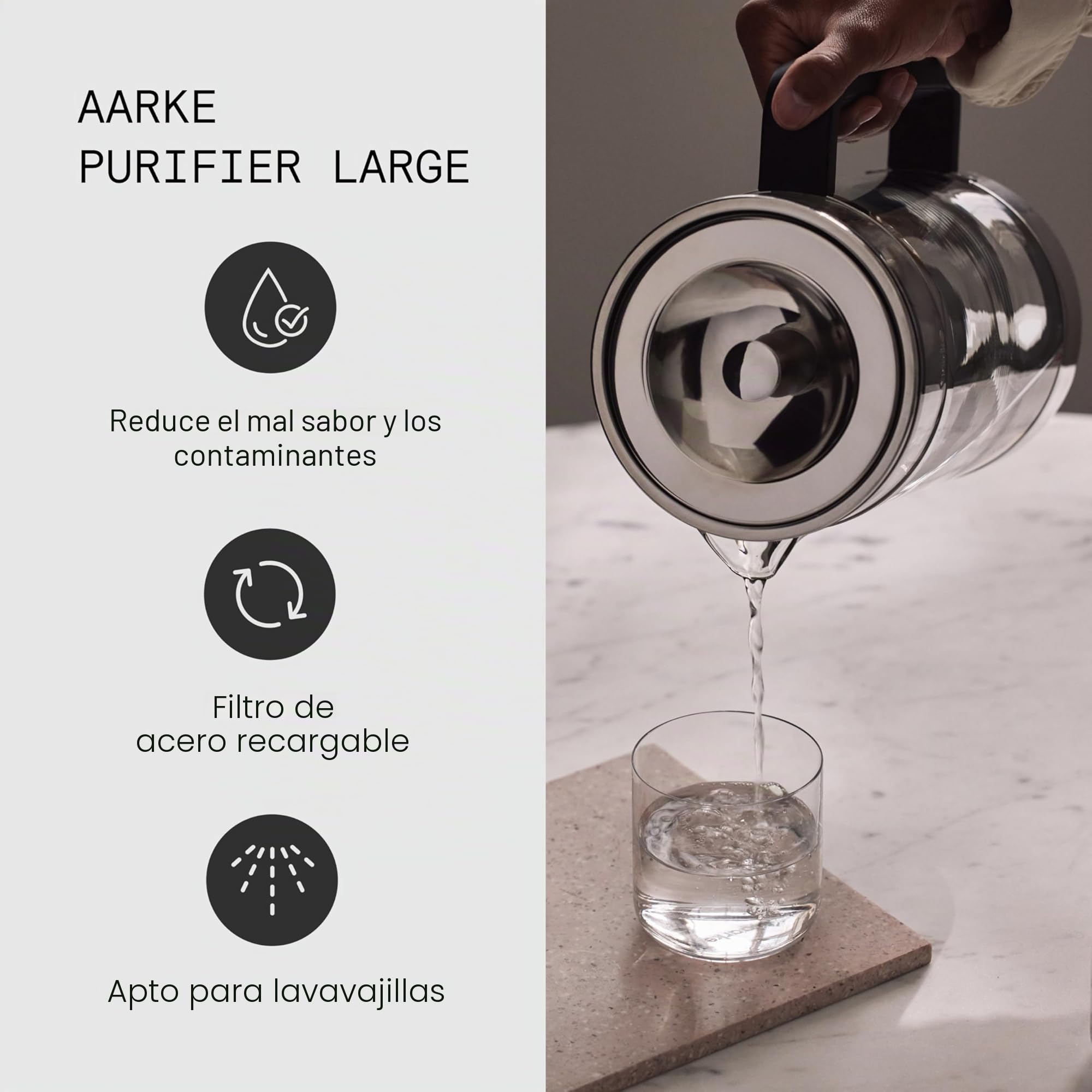 Aarke Purifier Large, jarra filtrante de agua en vidrio y acero inoxidable, 1,7 L / 7 tazas, incluye bolsa de recarga de filtro Pure Aarke