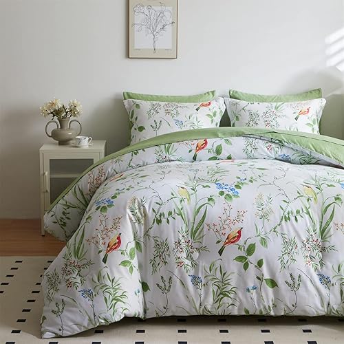 Jeyfull Juego de edredón de 7 piezas con diseño de hojas verdes y flores tamaño King color rojo y azul diseño de pájaros botánicos en una bolsa