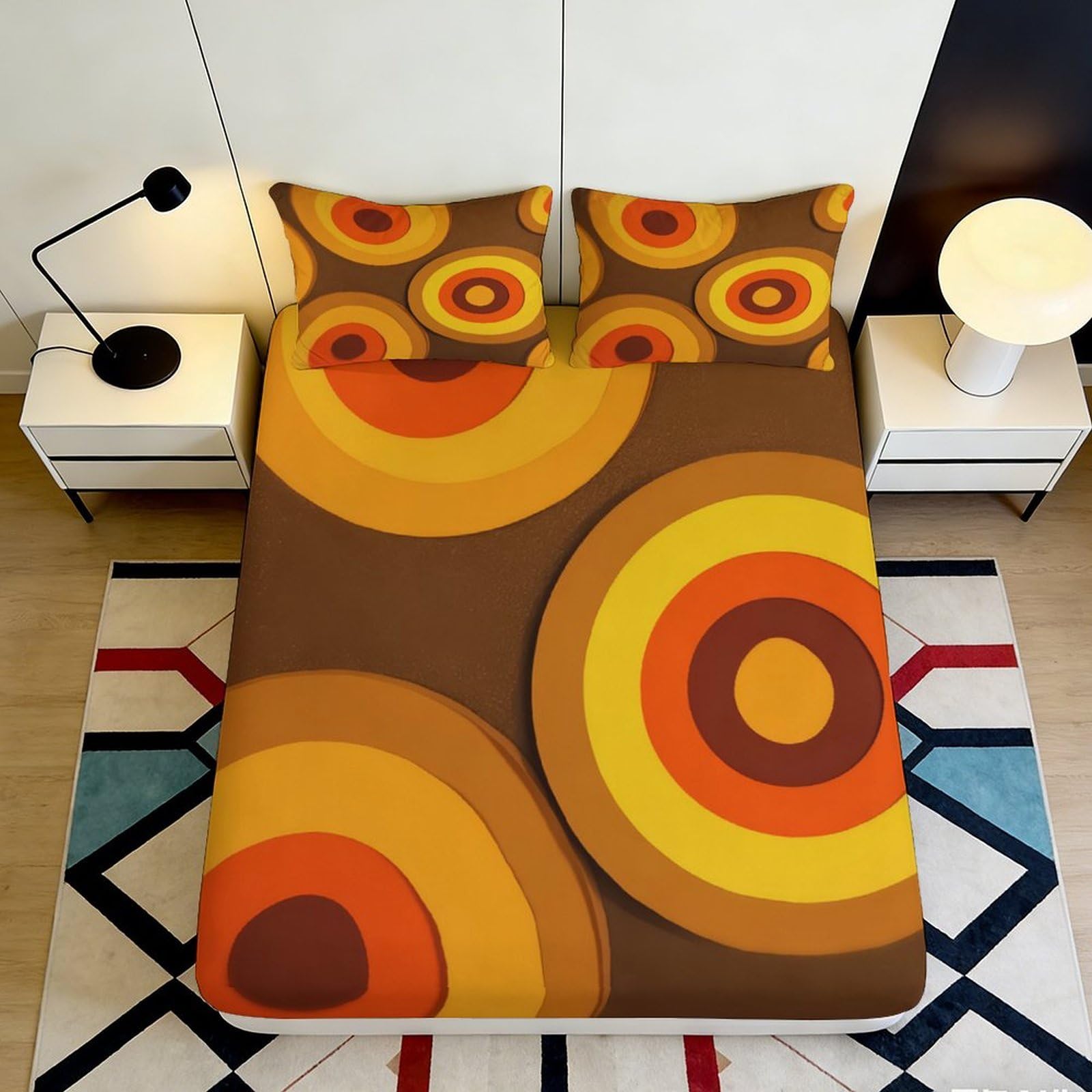 3D Printed Retro Geometric Fitted Sheet Microfiber Soft Orange Yellow Circle Mattress Cover for Bedroom Dorm Decor 90x200x25cm