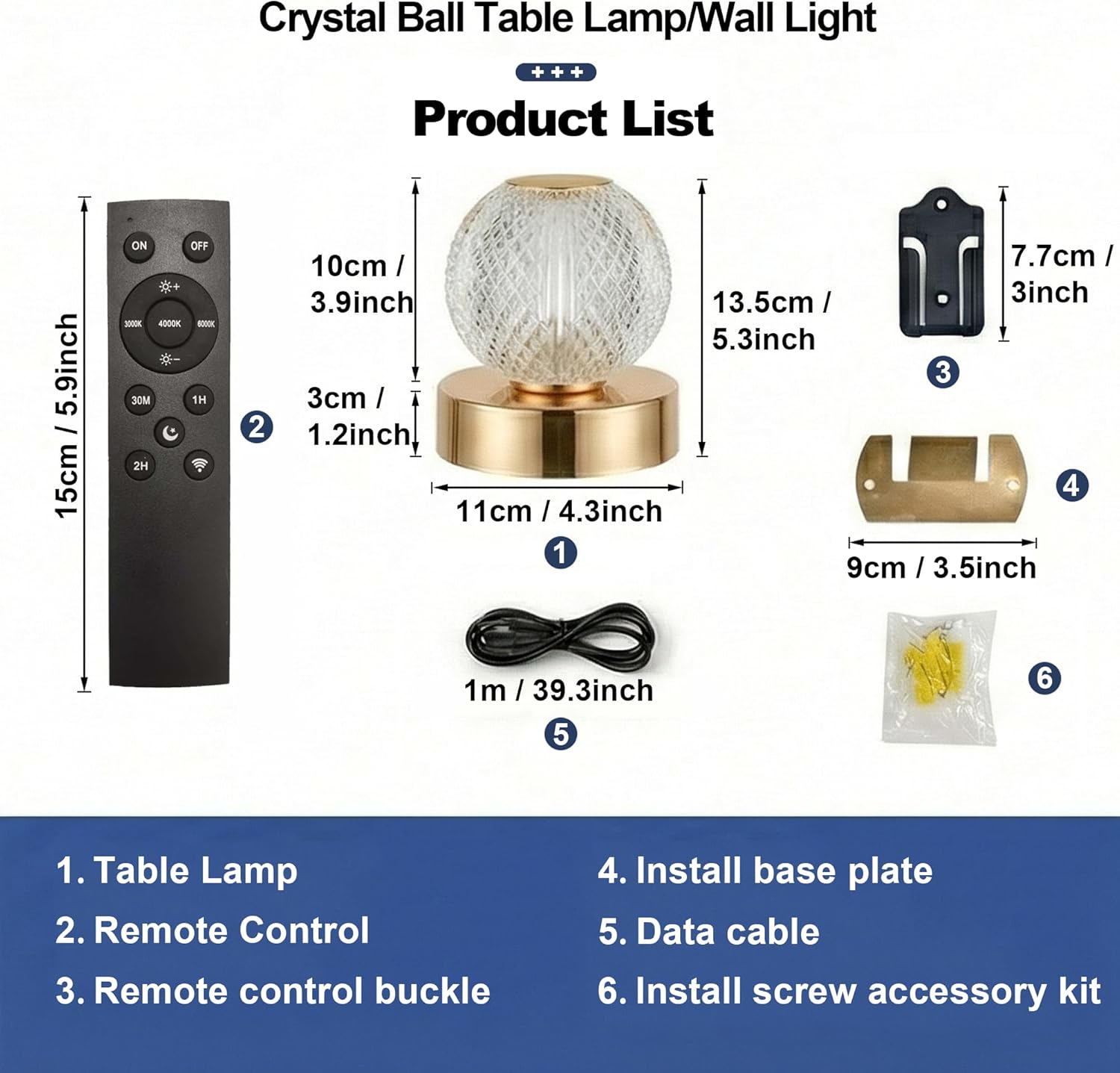 Rechargeable Crystal Bedside Lamp, Cordless Table Lamp with Remote & Touch Control, 3600mAh Fast Charging, 3 Color Dimmable Wall Mountable Night Light for Bedroom Home Decor(Gold)